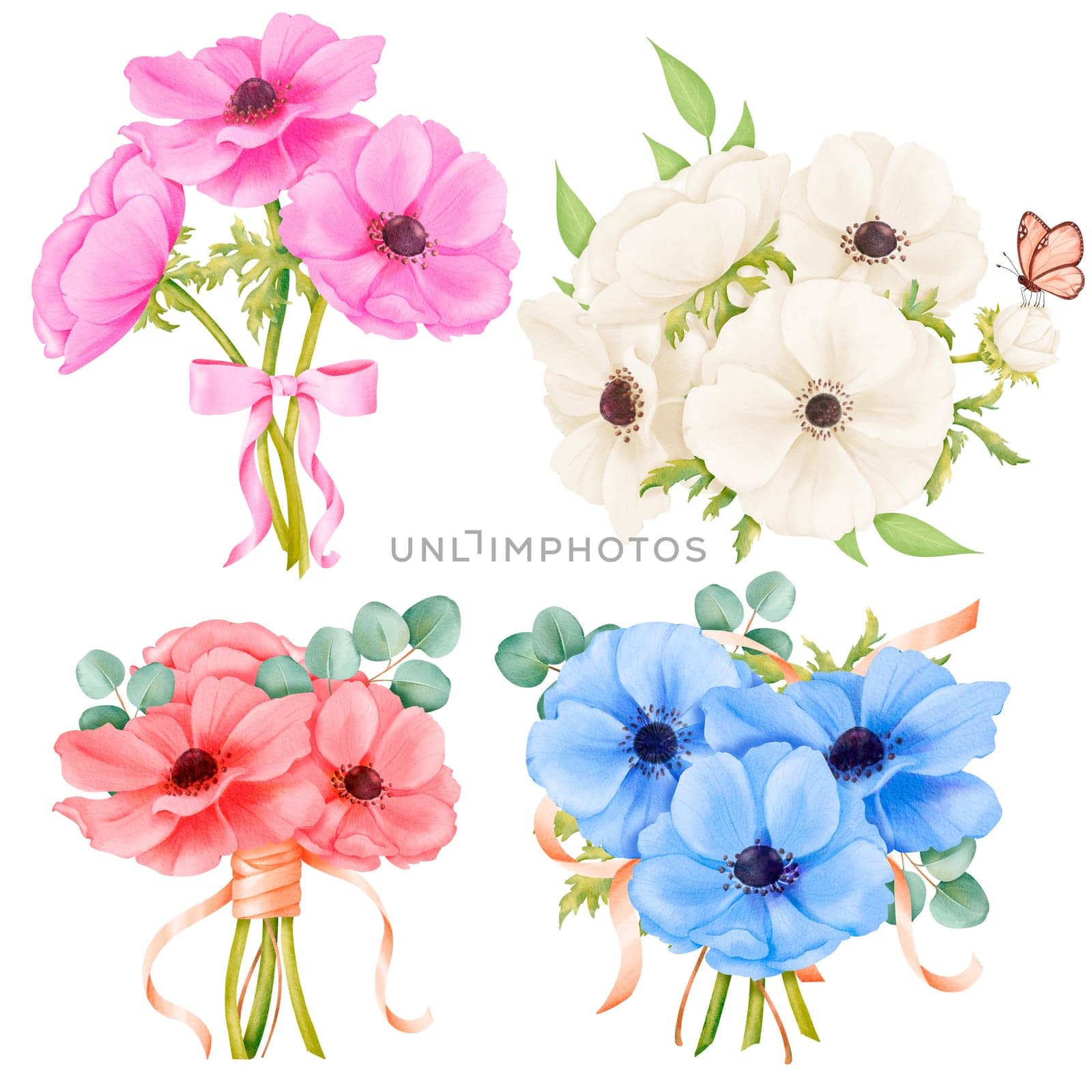 Watercolor collection anemone bouquets in assorted hues with satin ribbons, butterflies, and eucalyptus sprigs. for wedding invitations, event stationery, floral arrangements decorative backgrounds.