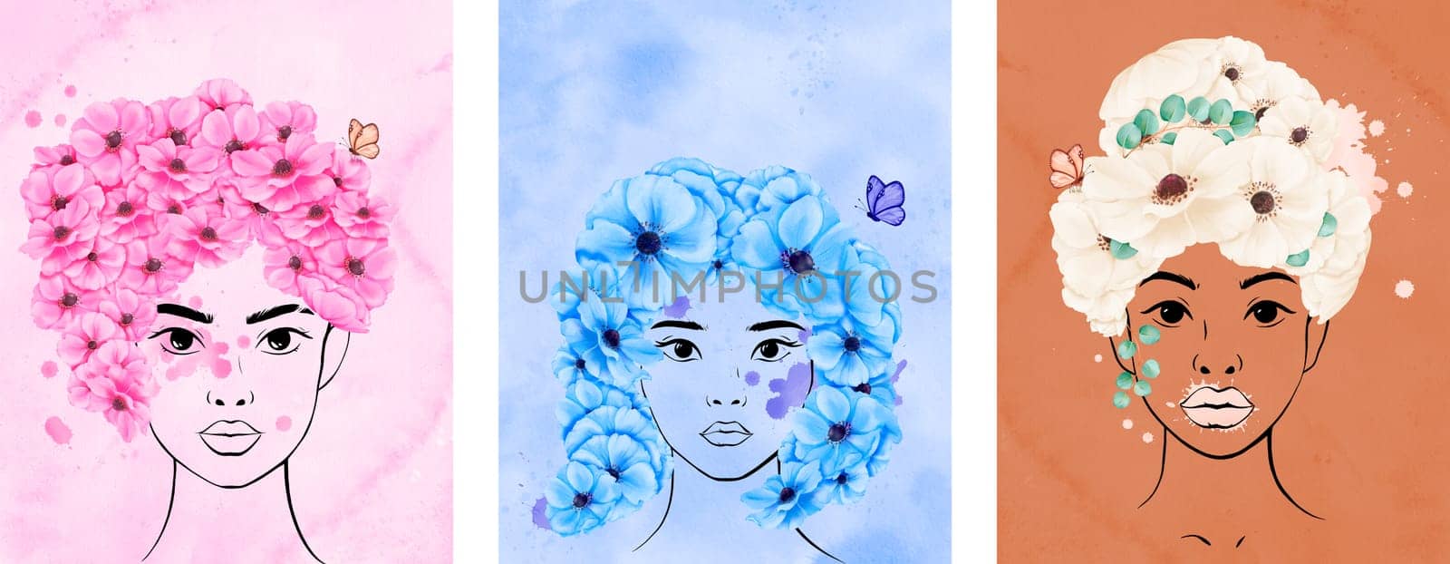 a collection of posters portraying the diversity and beauty of women. Each poster showcases hair adorned with anemone blooms with butterflies and delicate watercolor splashes.