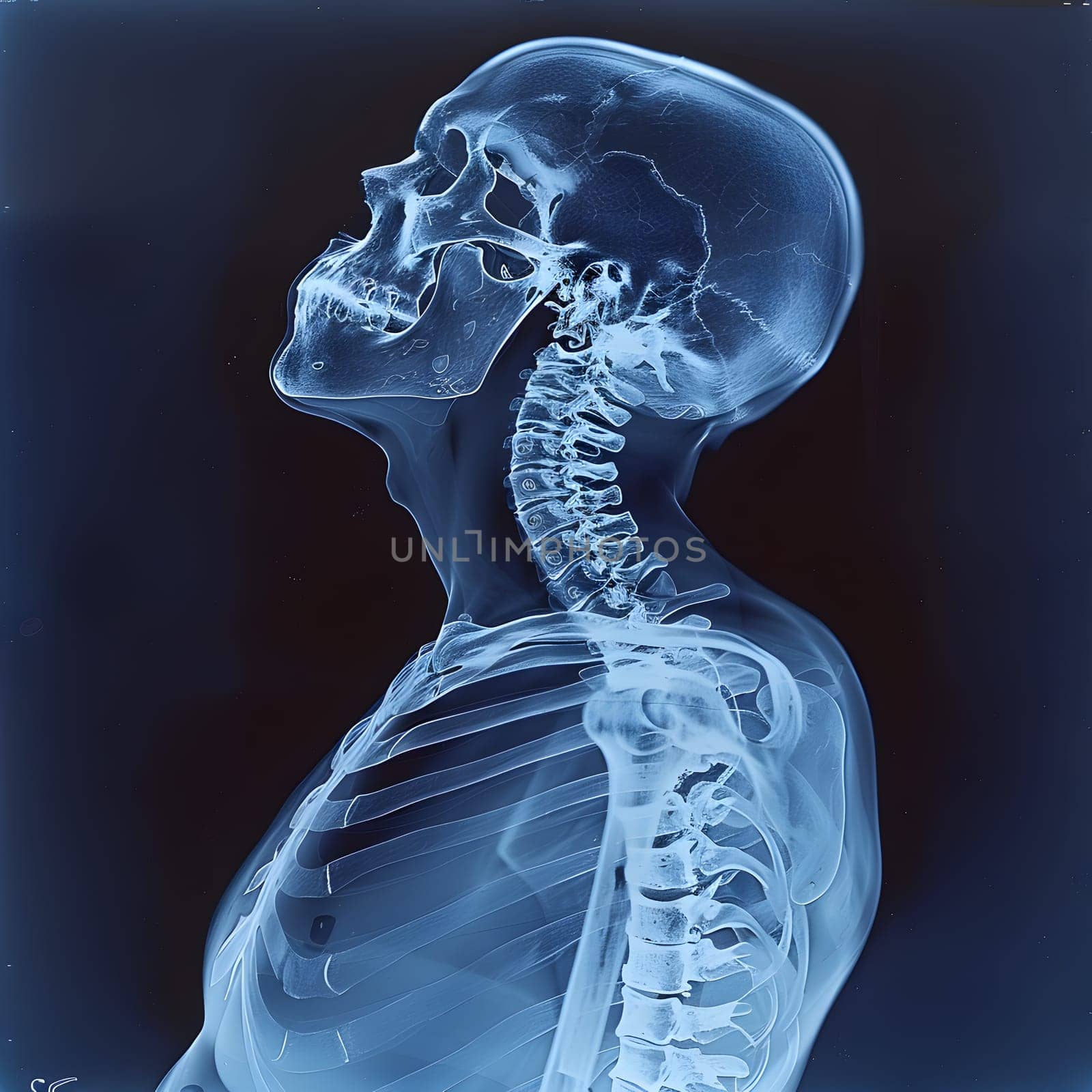 A medical imaging service provided an electric blue xray of a human bodys skull and spine, showcasing the intricate bone structure and transparent material of the neck and jaw in stunning detail