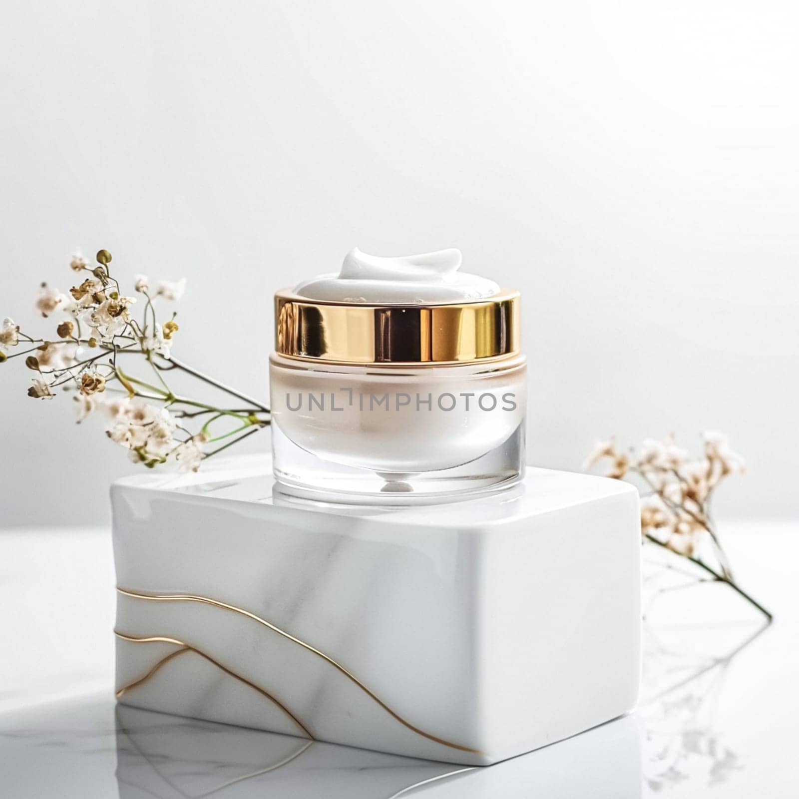 Face cream in a glass jar on a white and gold background. Skin care concept. Backdrop for beauty cosmetic products