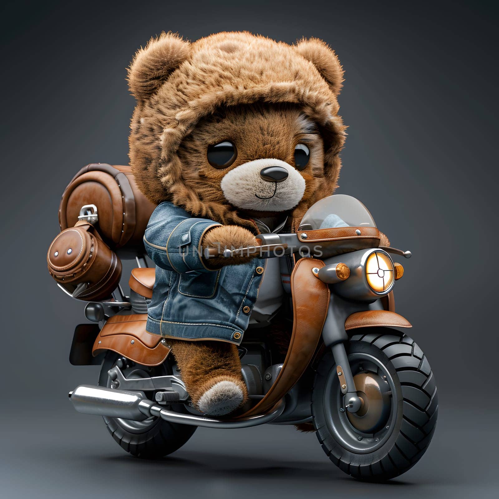 A brown teddy bear is on a motor vehicle, riding a motorcycle with a backpack on the back. The stuffed toy is cruising on two wheels with a tire