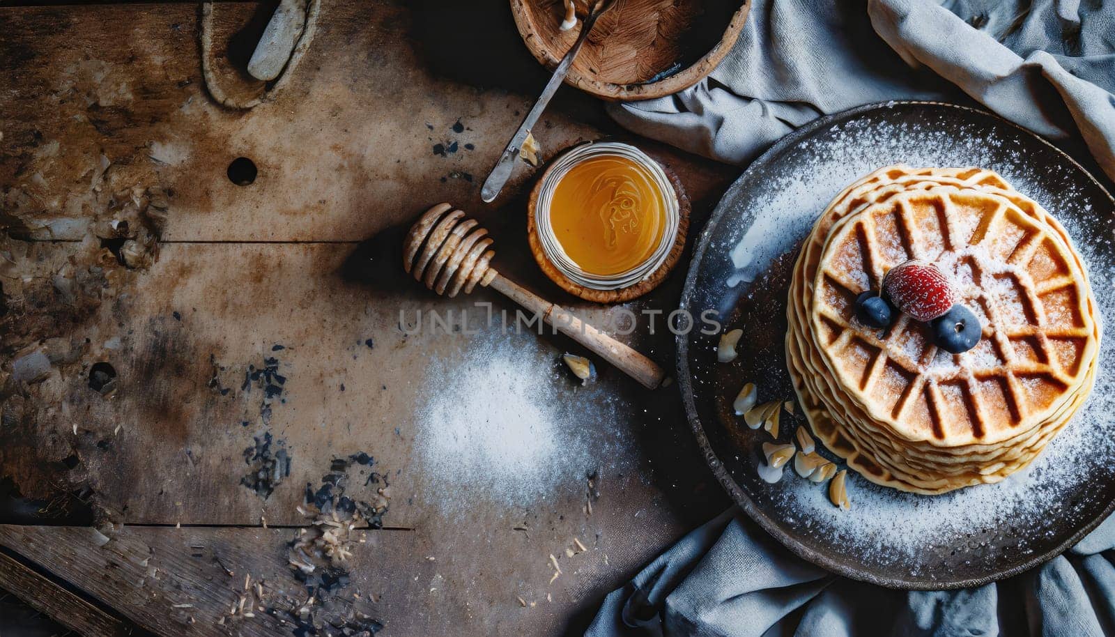  Belgian waffles with strawberries, blueberries and syrup on wooden table.