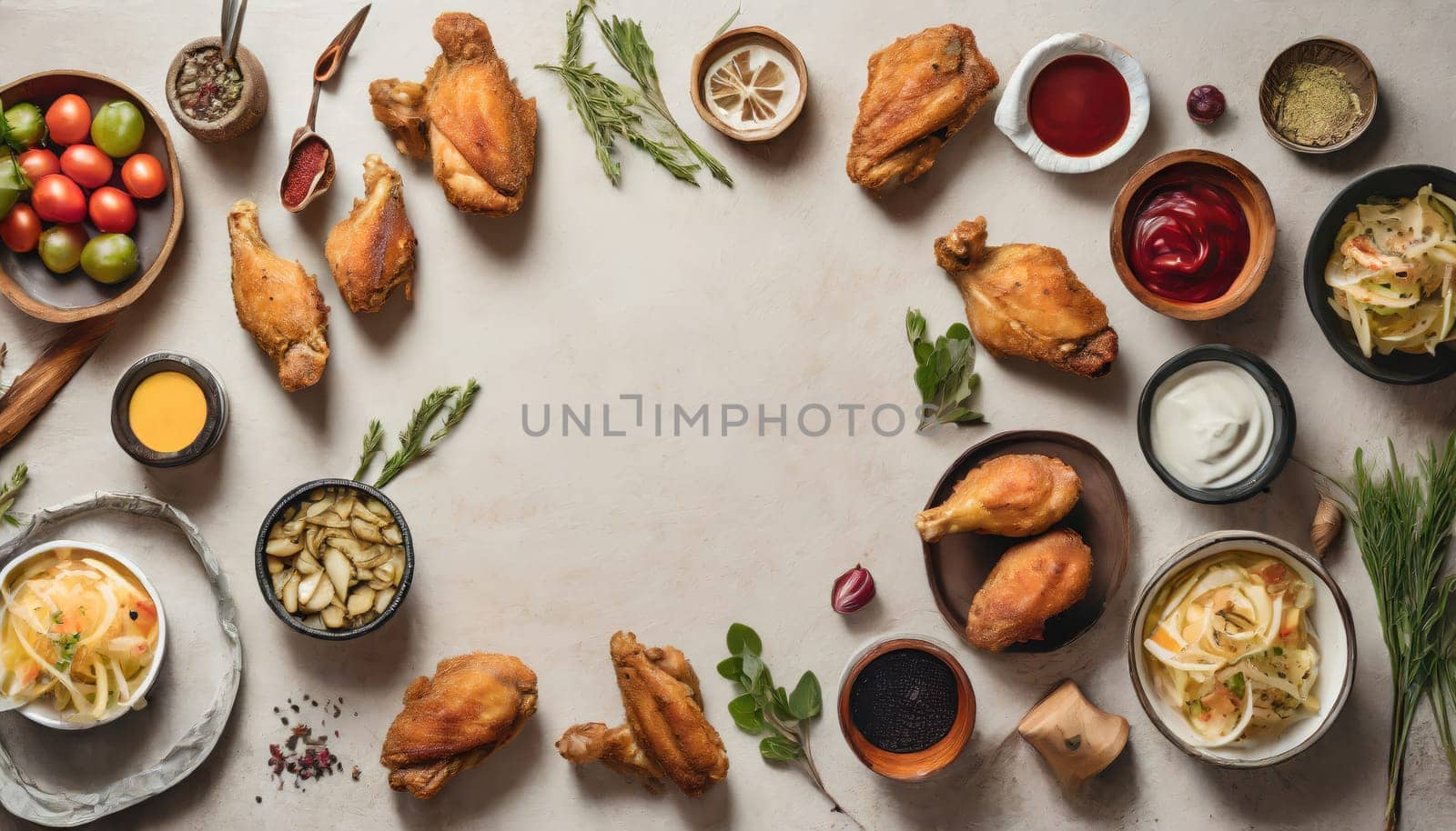 Copy Space image of Breaded chicken drumstick, leg, wing and breast tenders strips.