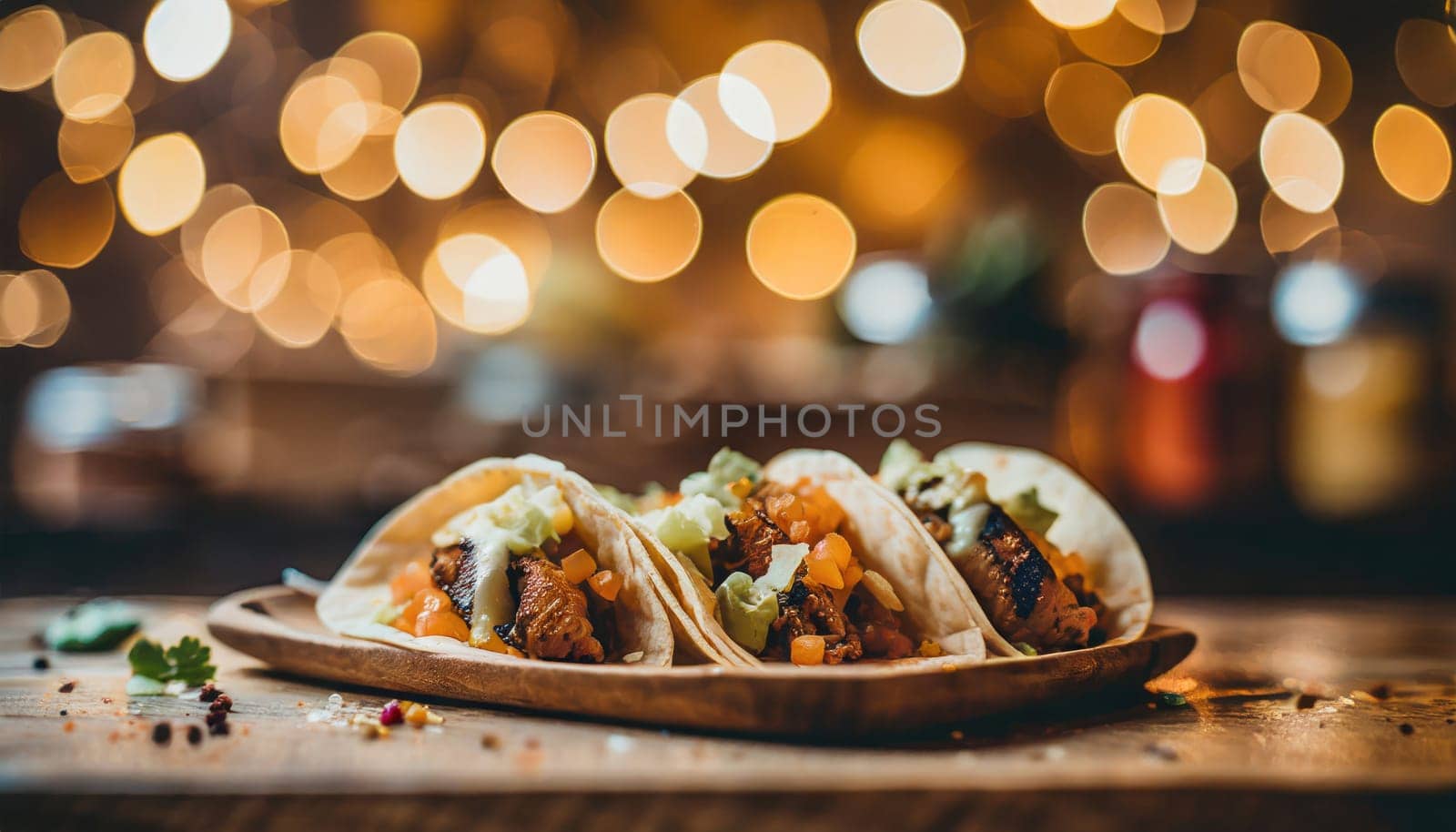 Copy Space image of Burrito wraps from fillet grilled chicken, pickles, tomatoes and cheese on night bokeh street