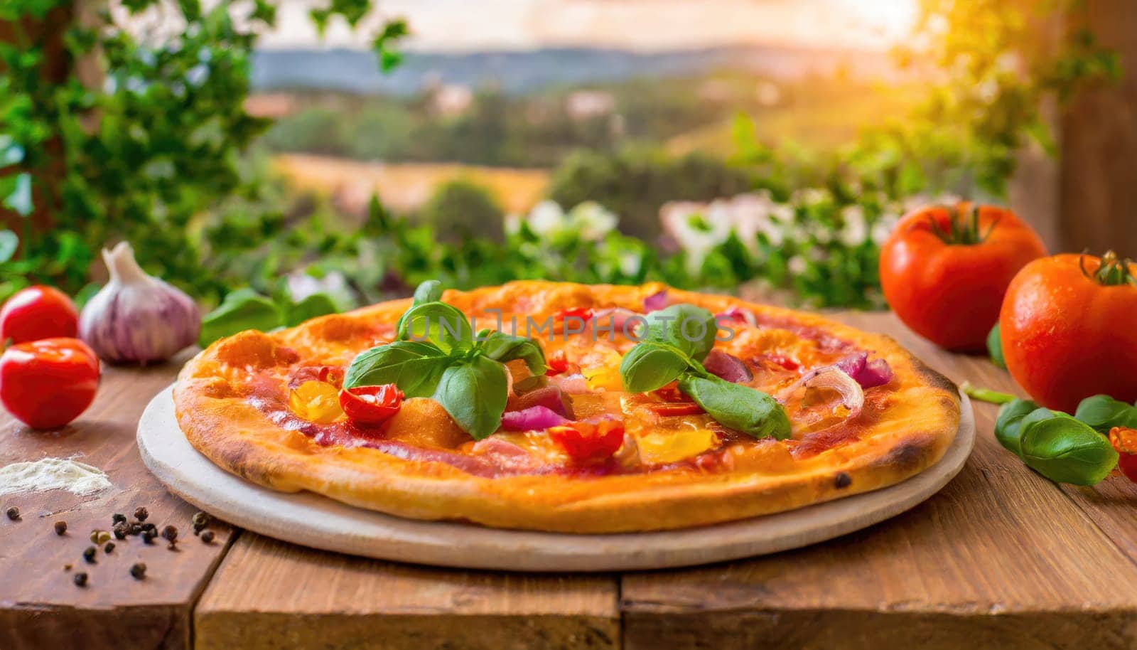 Pizza Margherita on wooden background, landscape view background.