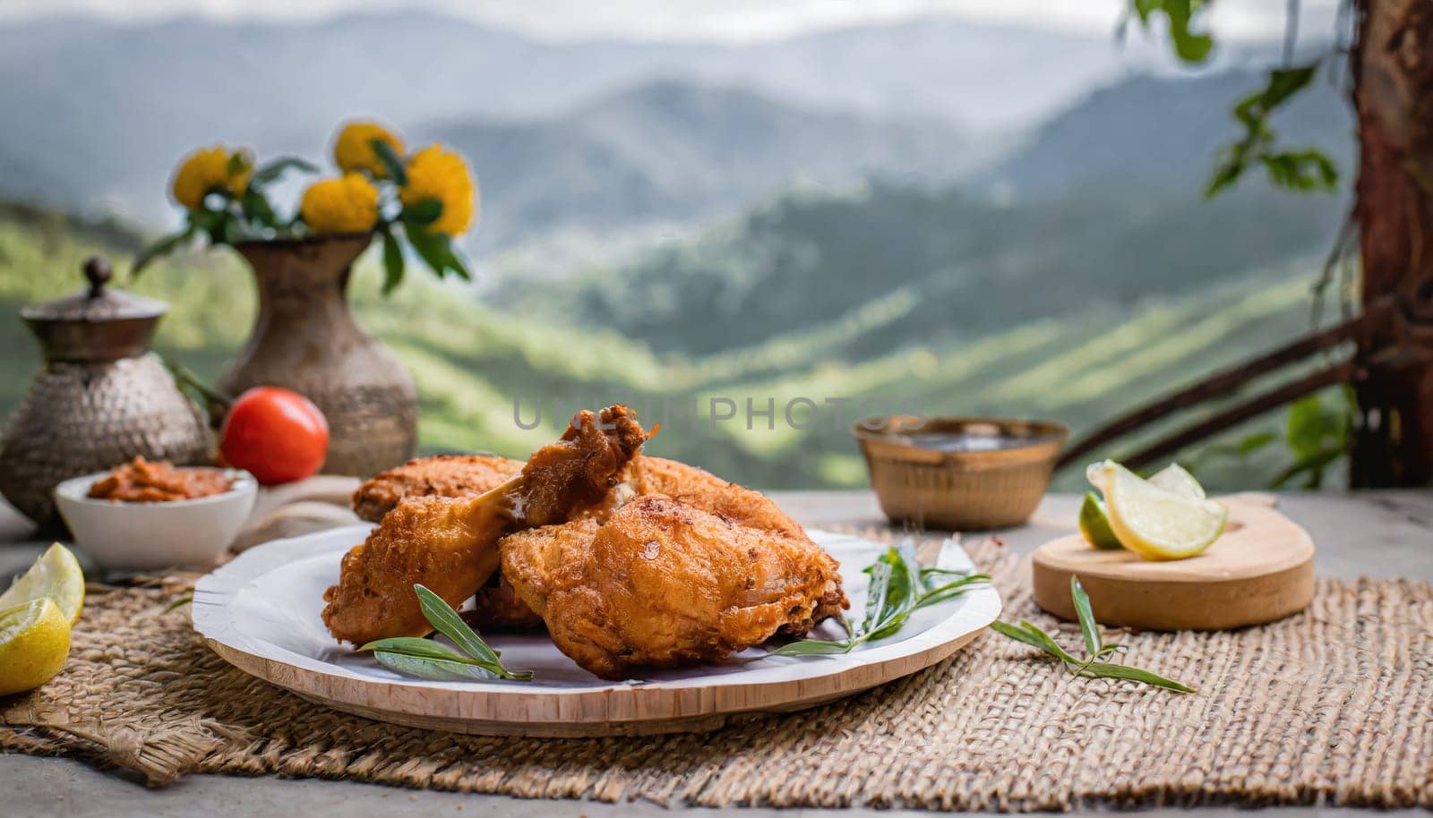 Copy Space image of Fried and Crispy Chicken Gizzards on a Rustic Wooden Table with landscape view