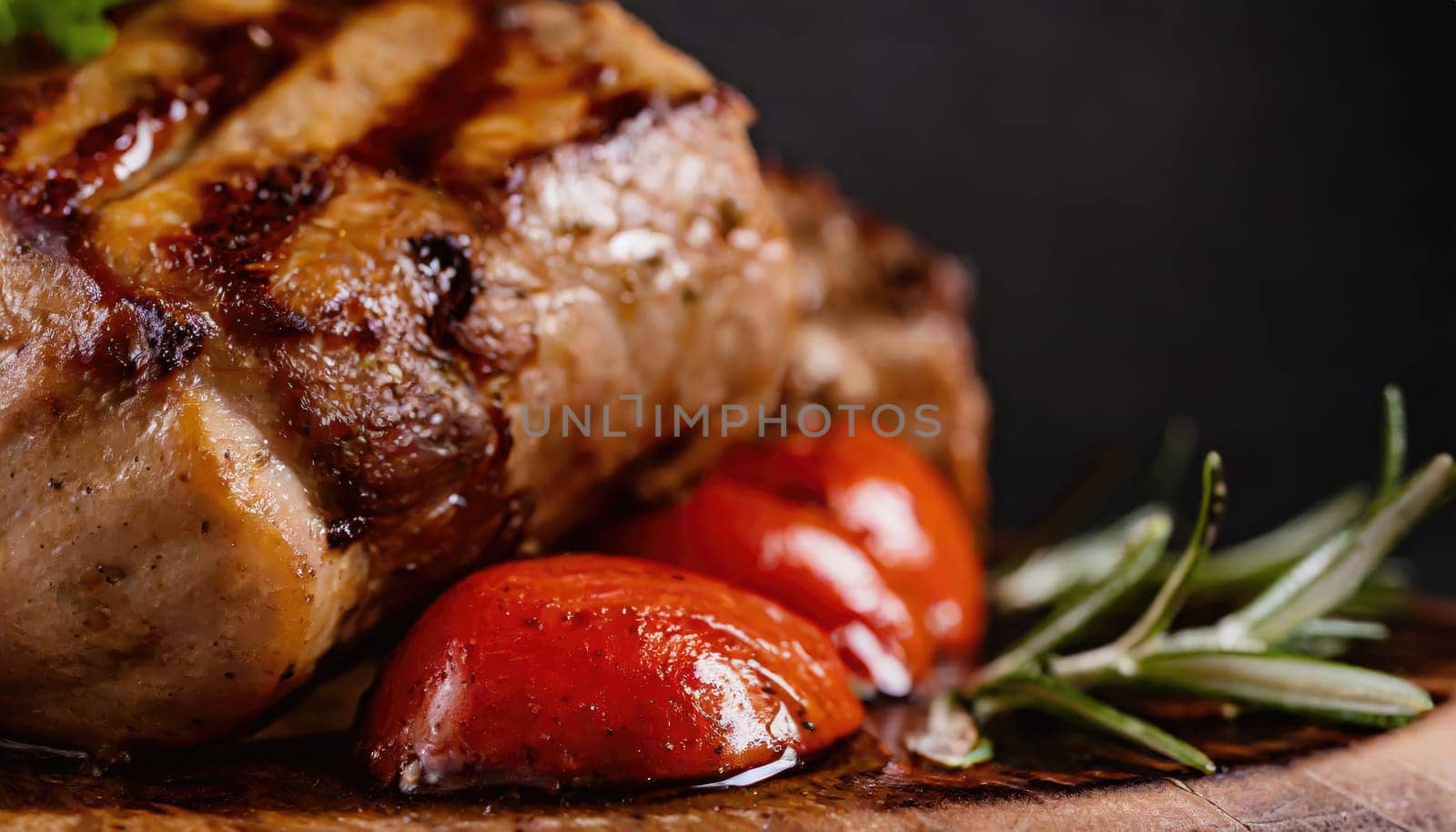 Copy Space image with close up of barbecue ribs on cutting board over wooden