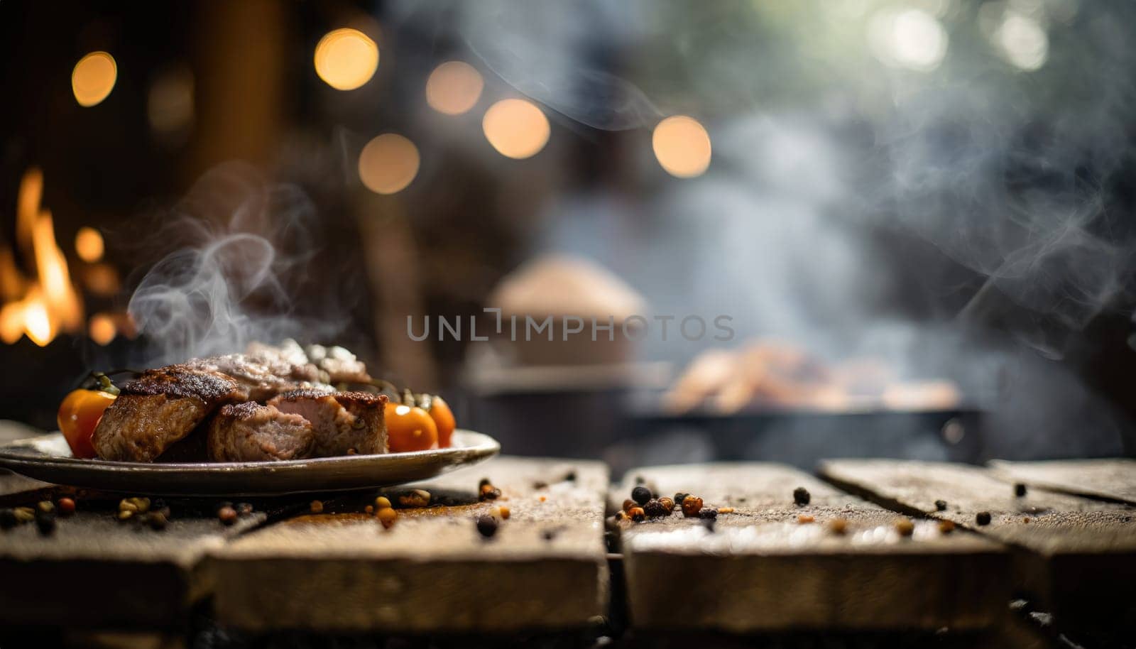 Barbecue grilled and sliced wagyu Rib Eye beef meat steak on a plate with smoke on bokeh background.