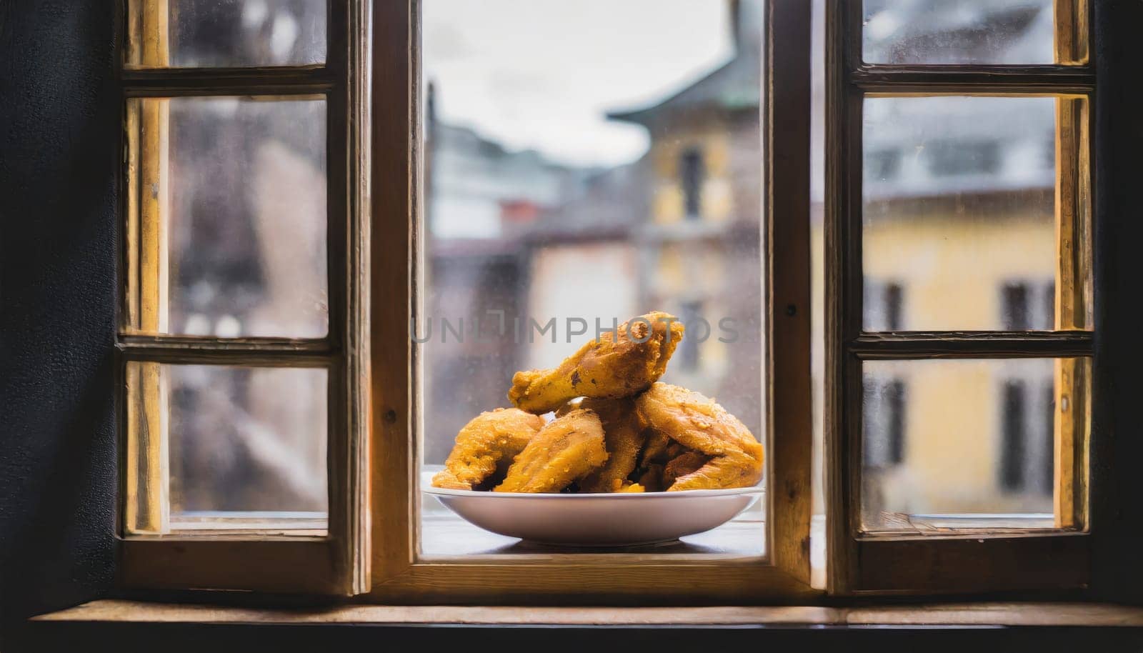 Copy Space image through the window of Fried Breaded chicken tender