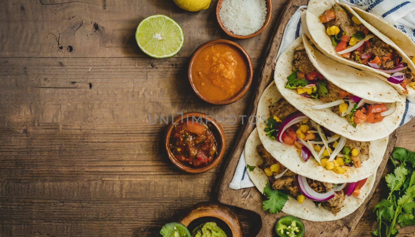 Copy Space image of Taco bar side border with an assortment of ingredients. Top view on a dark wood banner