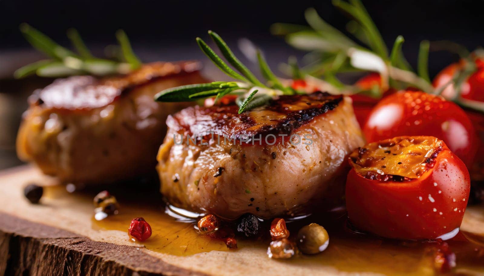 Copy Space image with close up of barbecue ribs on cutting board over wooden