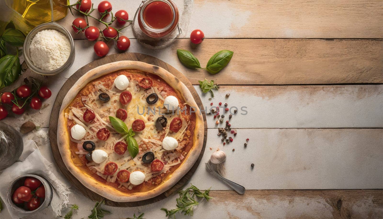 Copy Space image of Delicious pizza margarita with mozzarella on dark wooden table