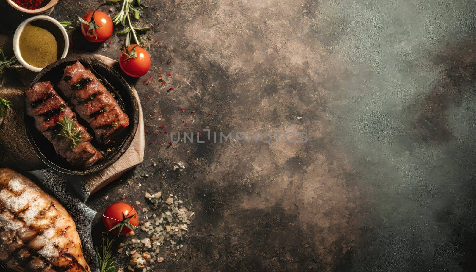 Copy Space image of BBQ Grilled rib eye steak, fried rib eye beef meat on a plate with green salad. Dark