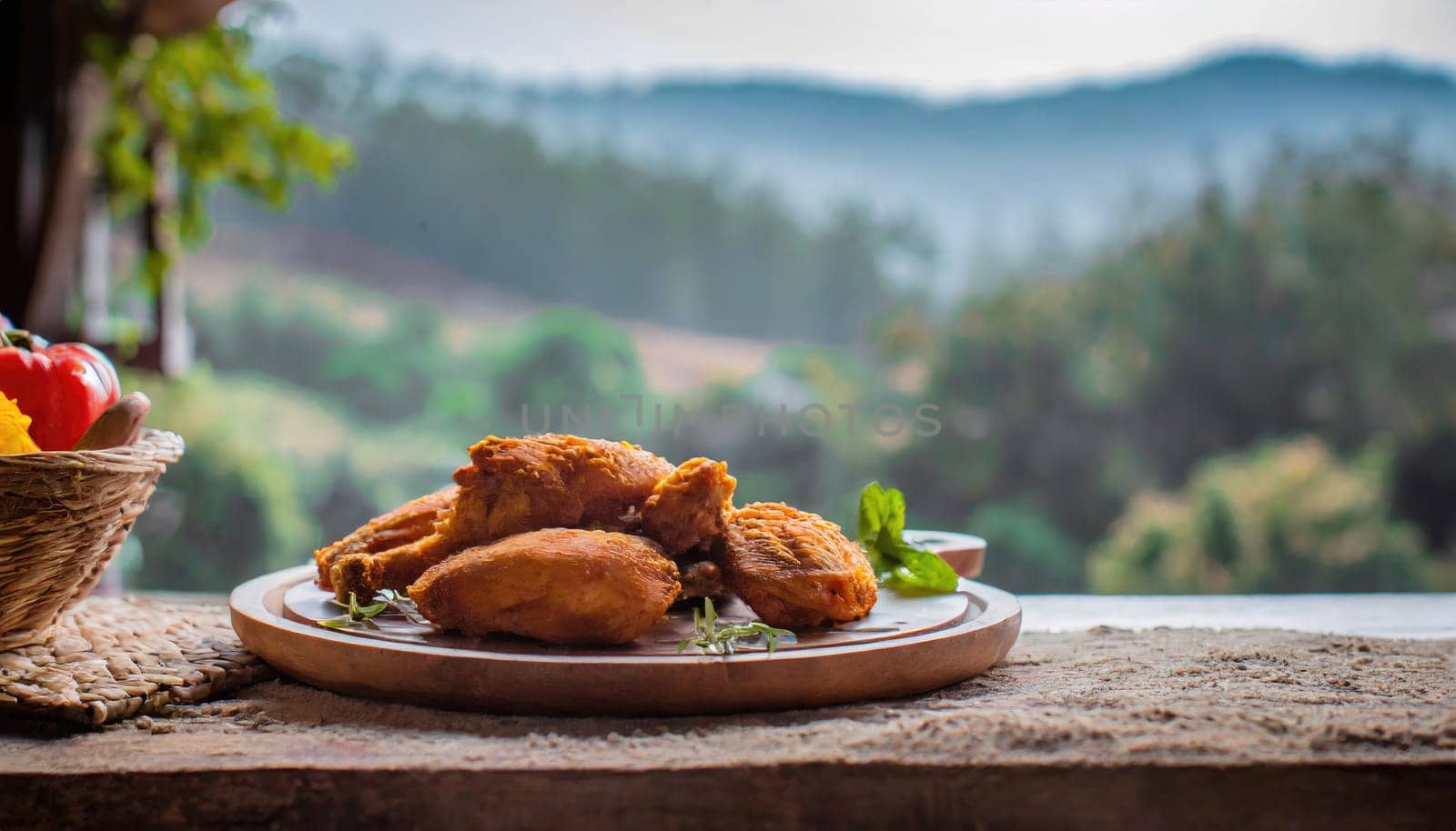 Copy Space image of Fried and Crispy Chicken Gizzards on a Rustic Wooden Table with landscape view