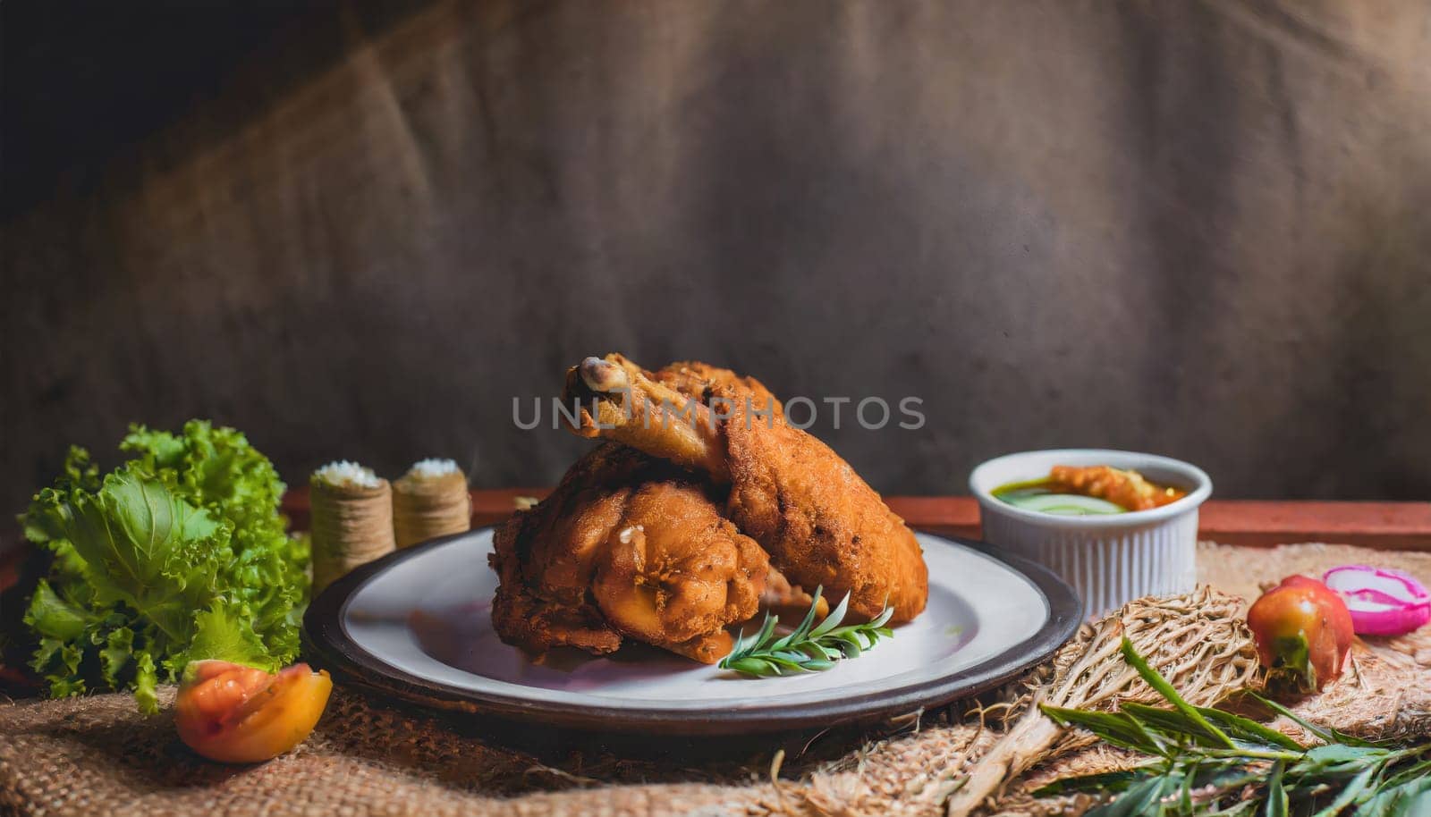 Copy Space image of Fried and Crispy Chicken Gizzards on a Rustic Wooden Table with landscape view