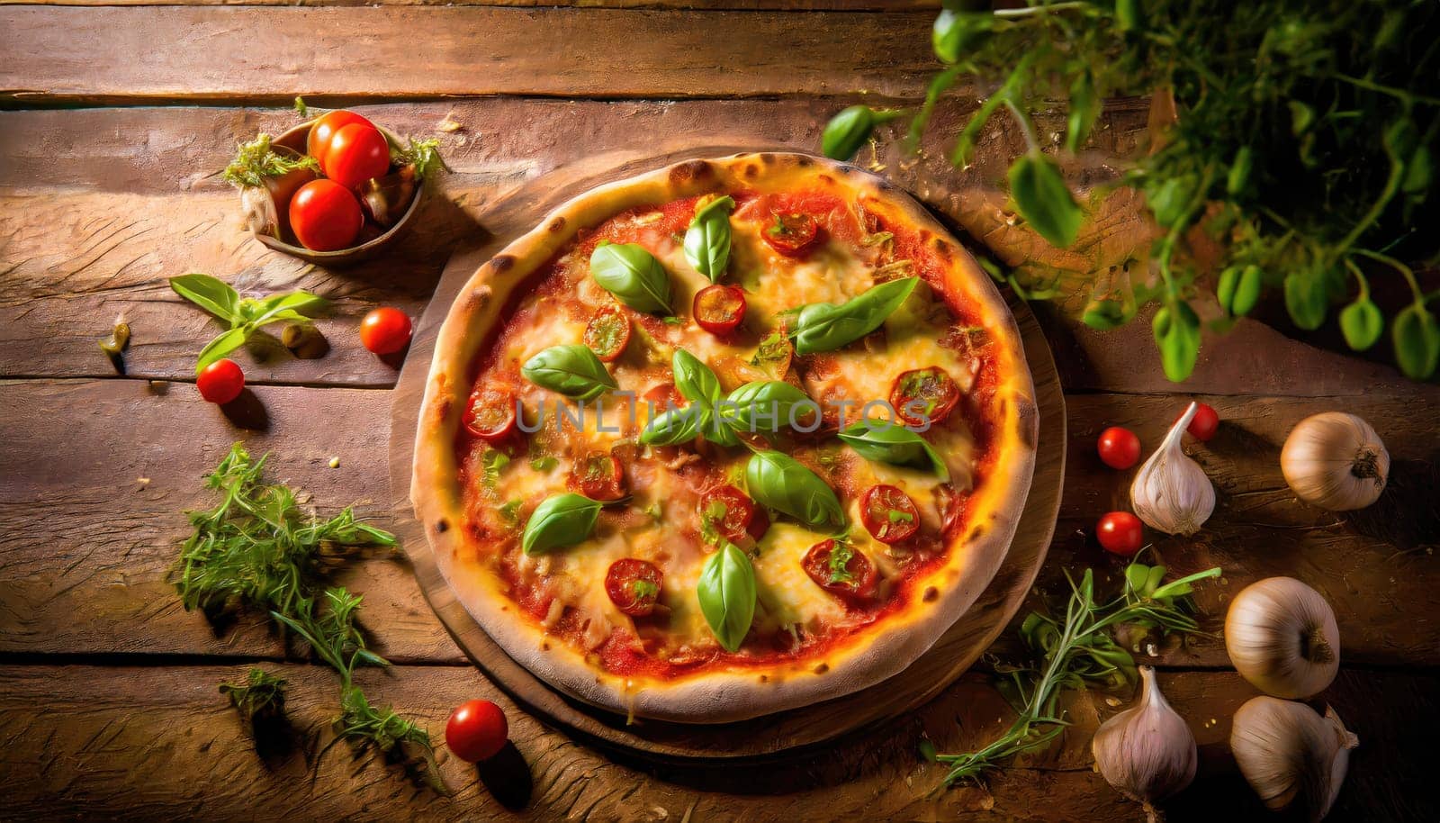 Copy Space image of Pizza Margherita on wooden background, Pizza Margarita