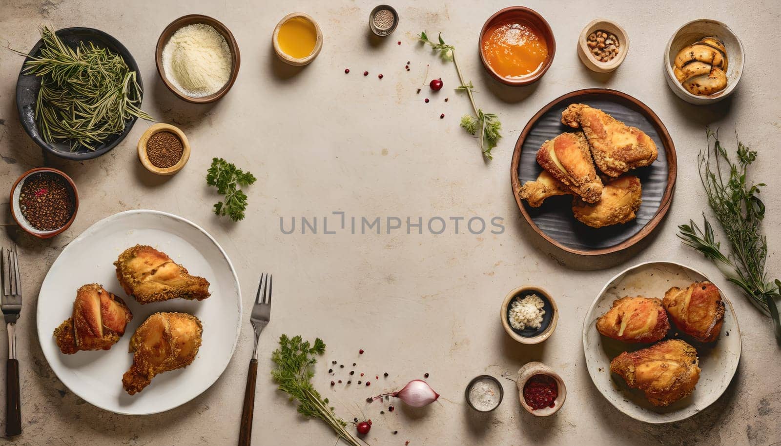 Copy Space image of Breaded chicken drumstick, leg, wing and breast tenders strips.