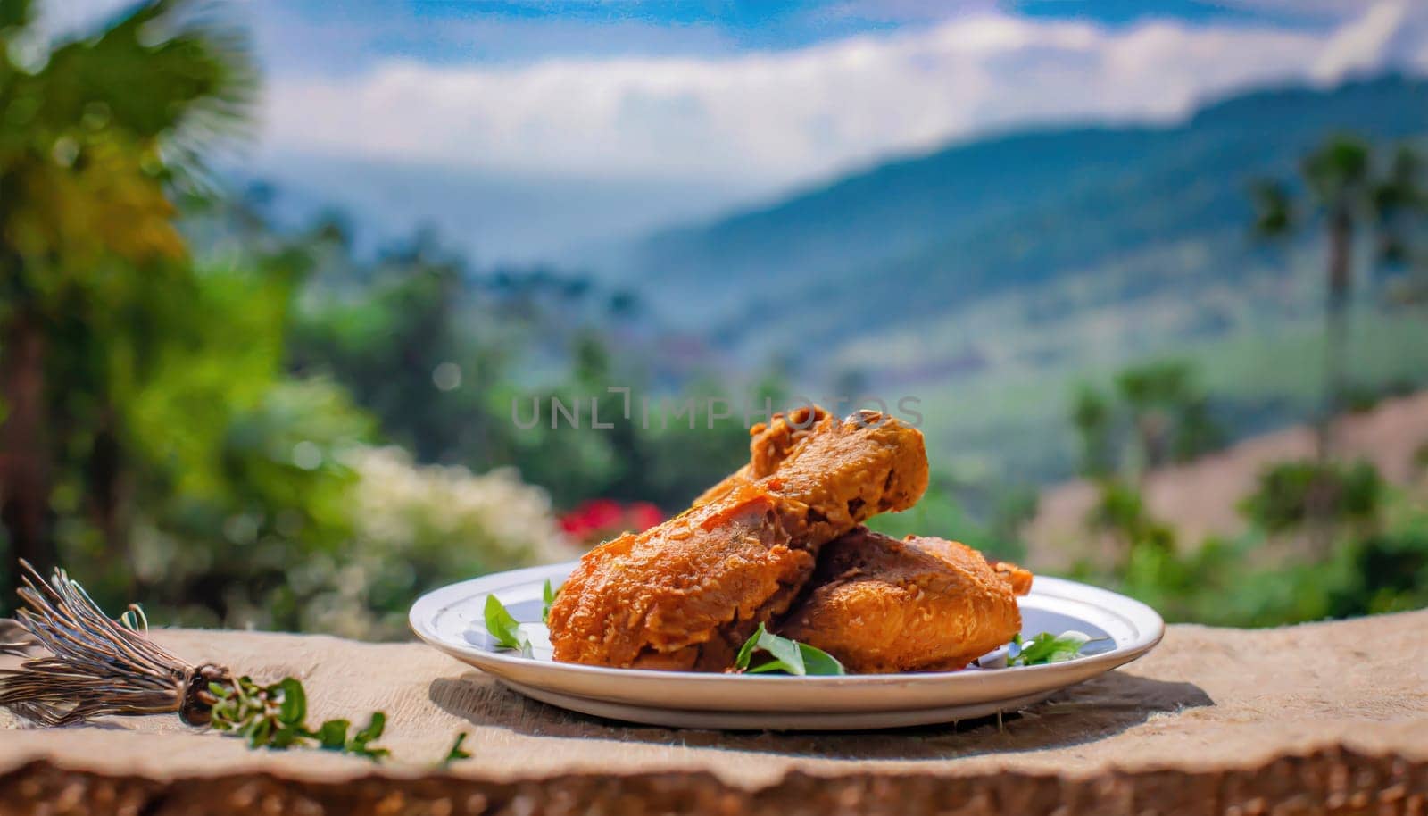 Copy Space image of Fried and Crispy Chicken Gizzards on a Rustic Wooden Table with landscape view