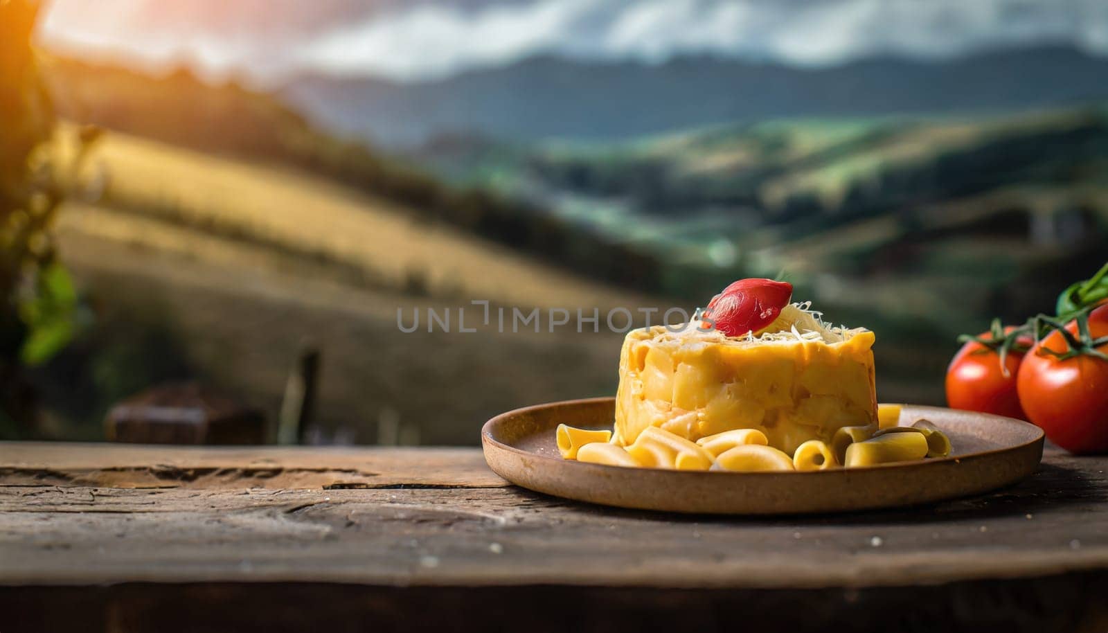 Copy Space image of Mac and cheese american macaroni pasta with cheesy Cheddar sauce with landscape view background.