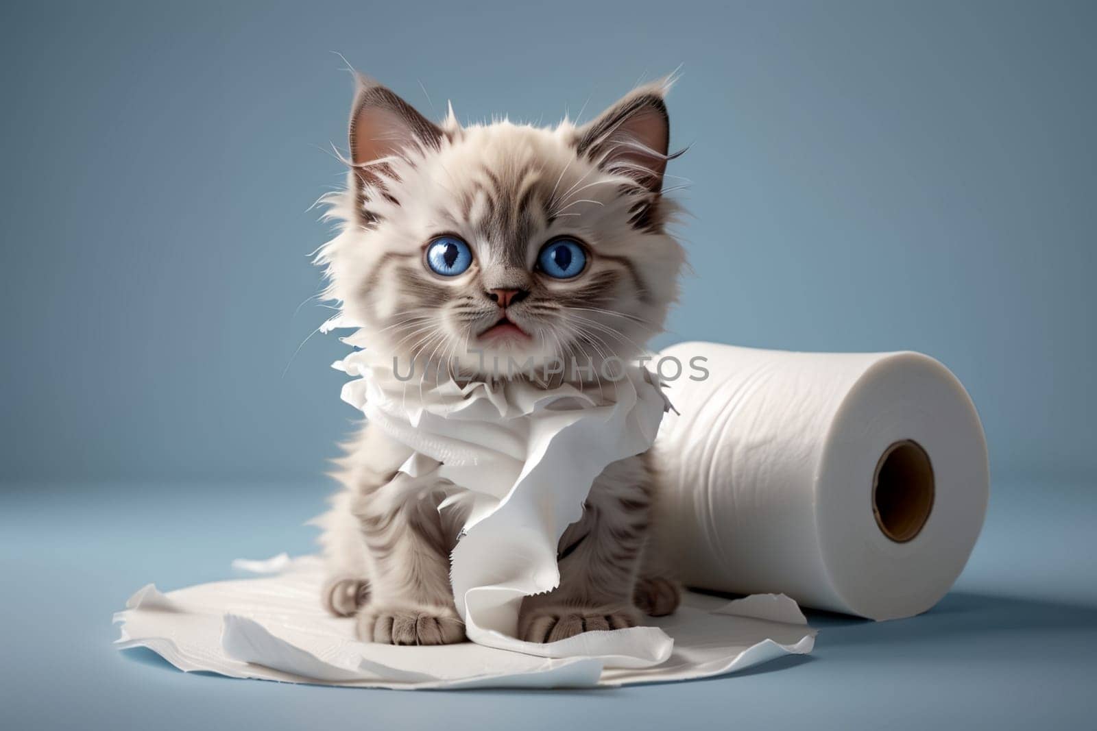 cute cat playing with a roll of toilet paper, isolated on a blue background .