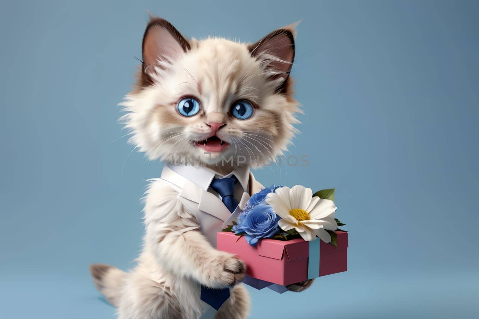 cat in a suit with a gift and flowers .