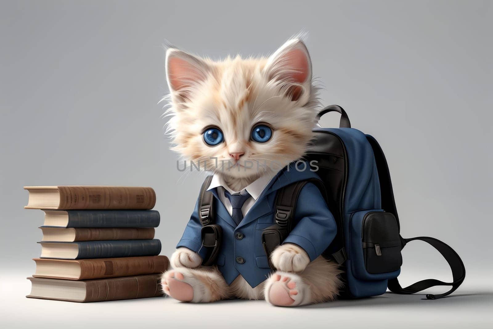 kitten schoolboy with backpack and textbooks .