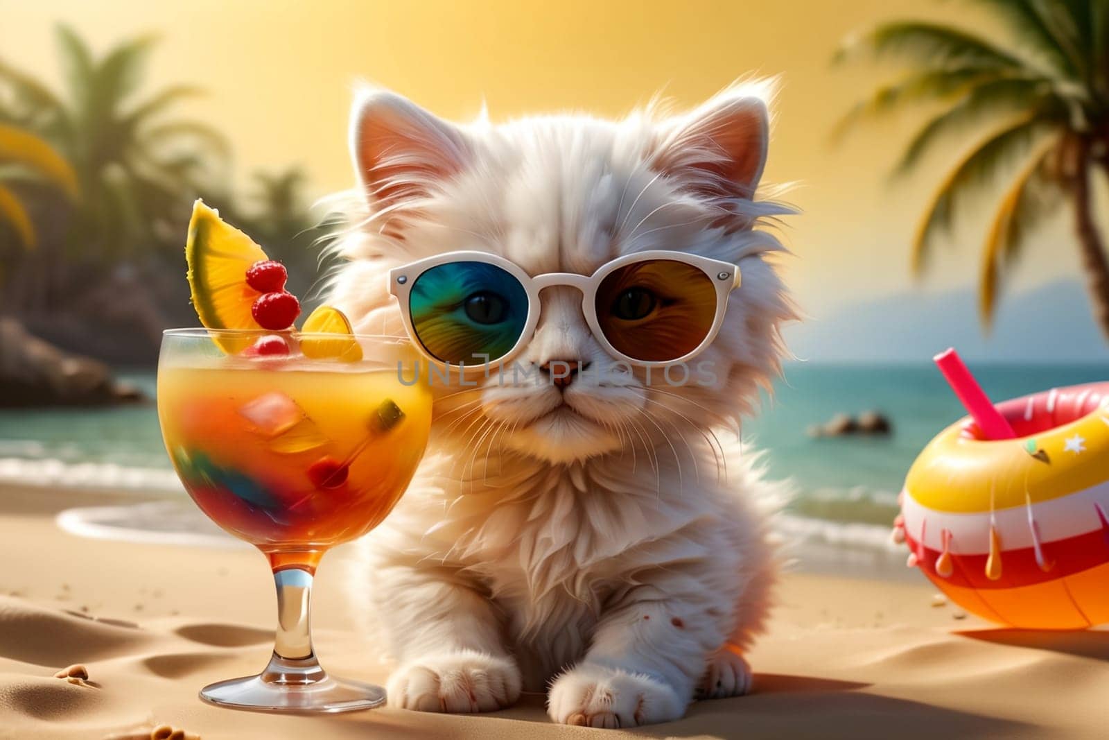 cute kitten in an inflatable ring on the sea with a cocktail in a glass .