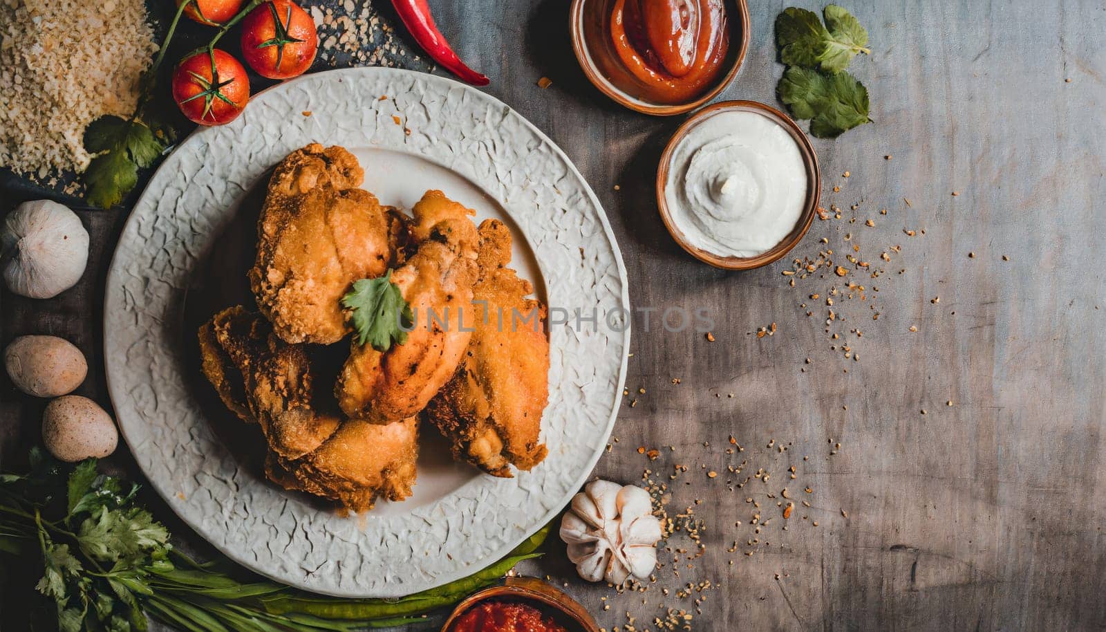 Copy Space image of crunchy Baked Chicken Tenders on a plate with tomato sauce, flat lay, free space
