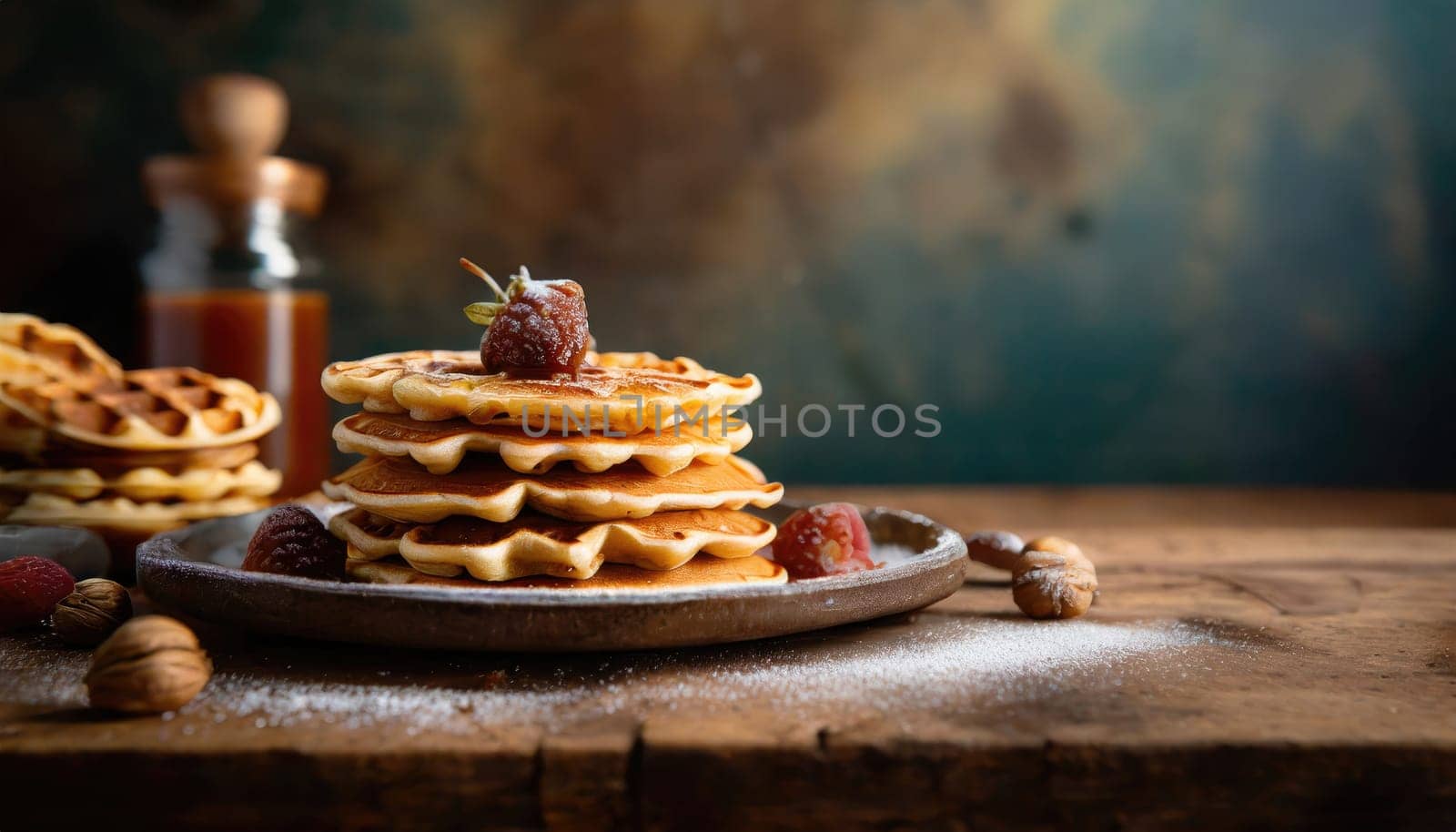 Delicious viennese waffles with maple syrup drizzle and blackberry on dark brown wood background.