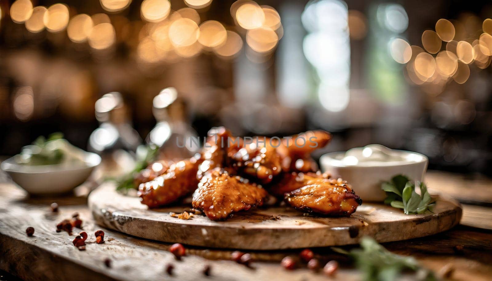 Copy Space image of Grilled chicken wings with sauces on a wooden board. Traditional baked bbq buffalo wing on bokeh