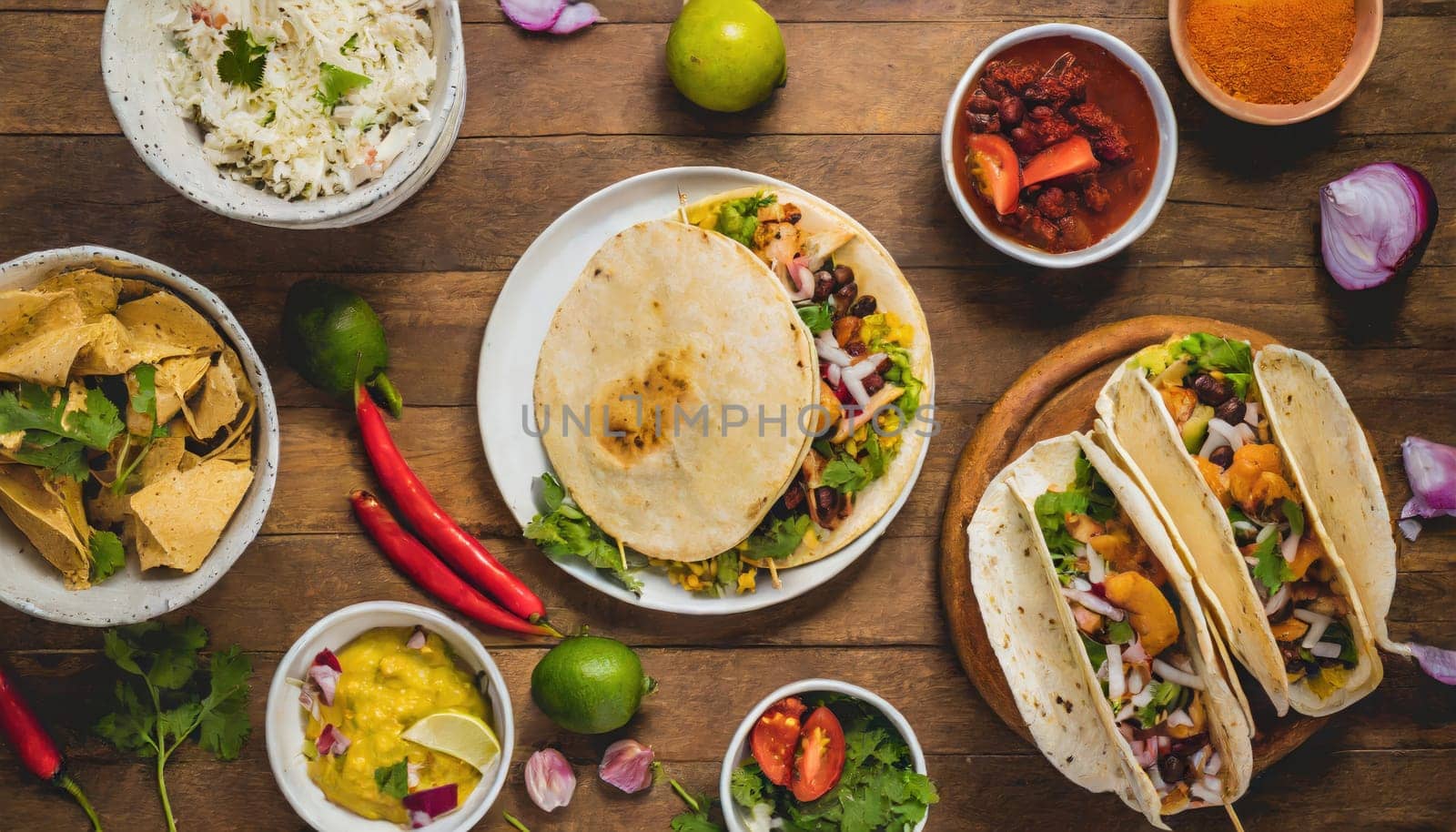 Copy Space image of Taco bar side border with an assortment of ingredients. Top view on a dark wood banner