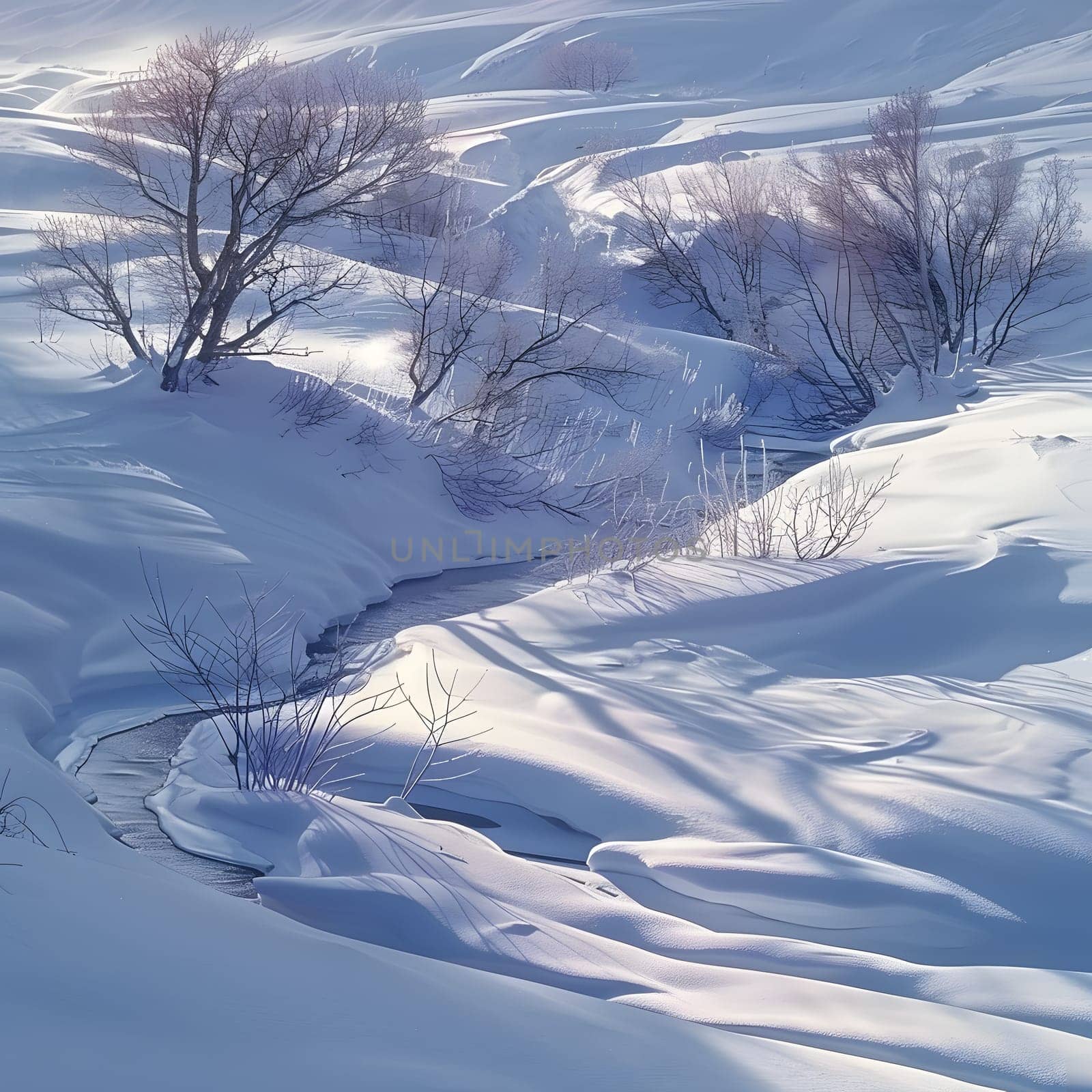 A picturesque snowy landscape with a stream flowing through a mountain slope, creating a freezing natural landscape. Trees are scattered along the icy cap, enhancing the geological phenomenon