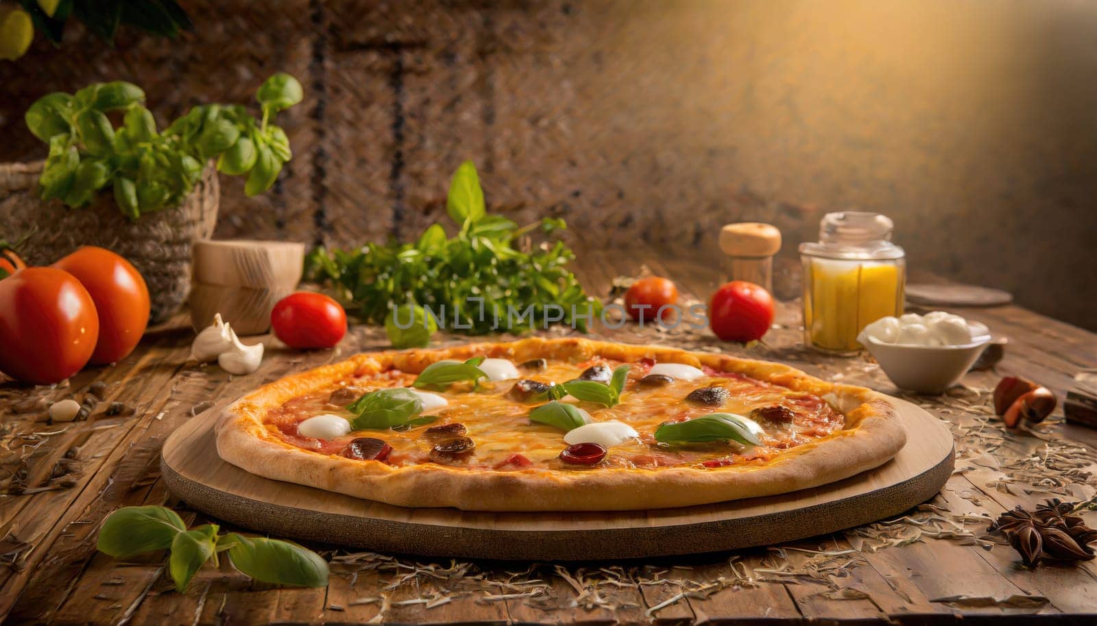 Copy Space image of Pizza Margherita on wooden background, Pizza Margarita