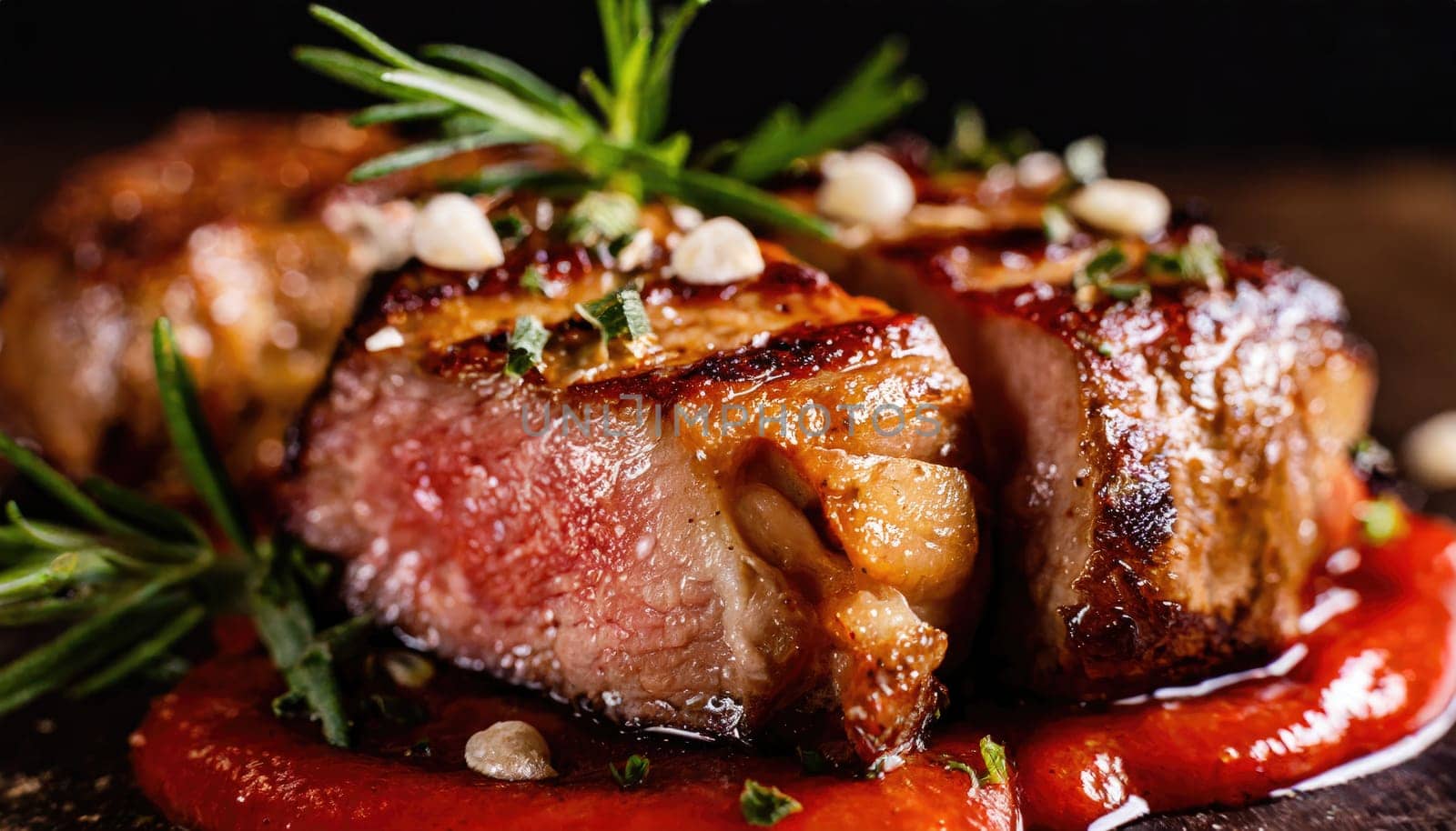 Copy Space image with close up of barbecue ribs on cutting board over wooden