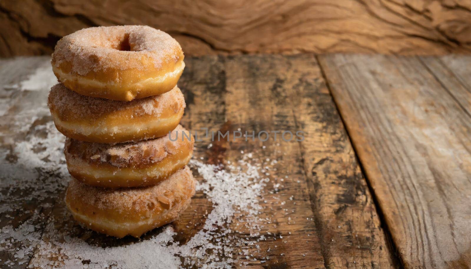 Copy Space image of Donuts with powdered sugar on wooden table