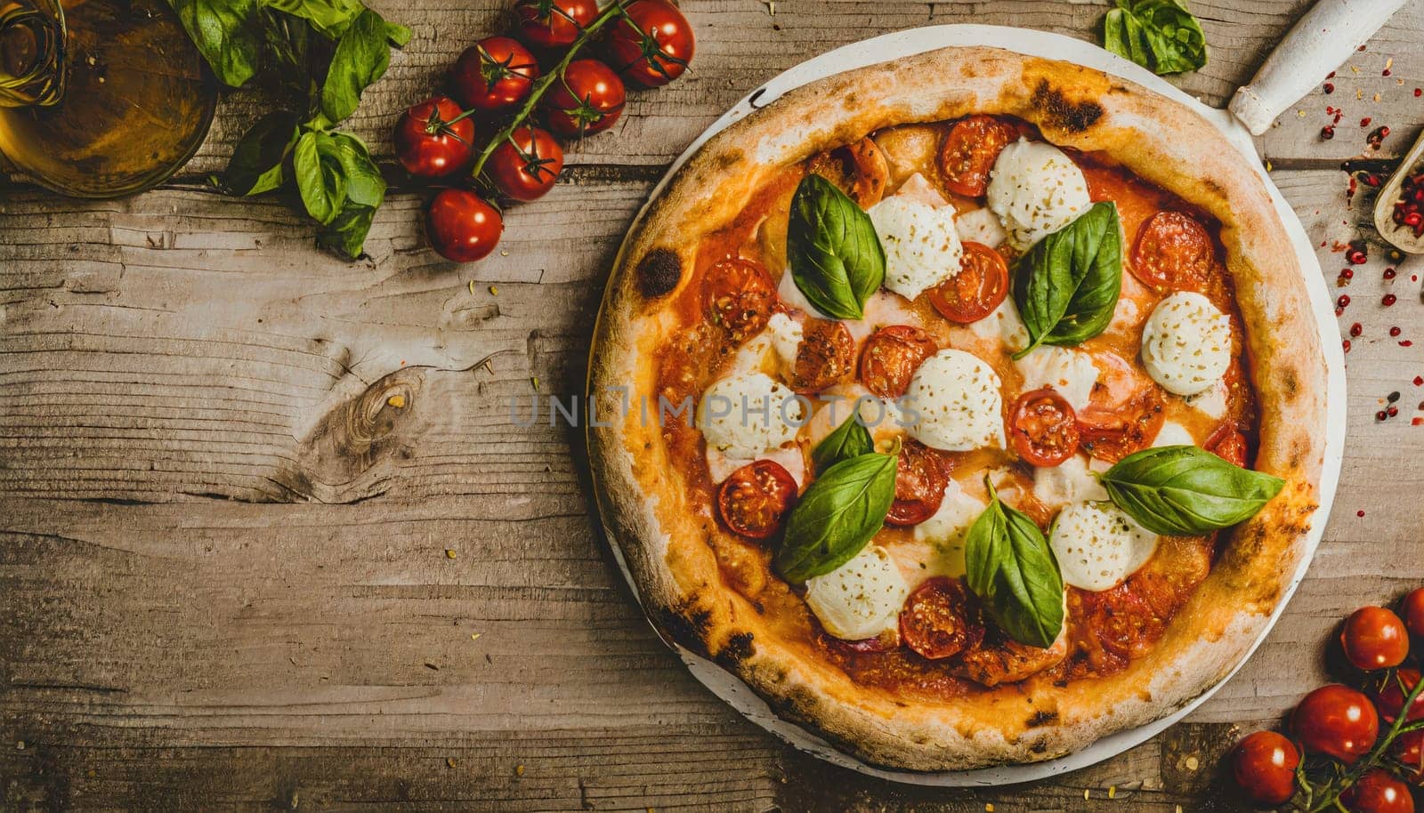 Copy Space image of Pizza Margherita on wooden background, Pizza Margarita