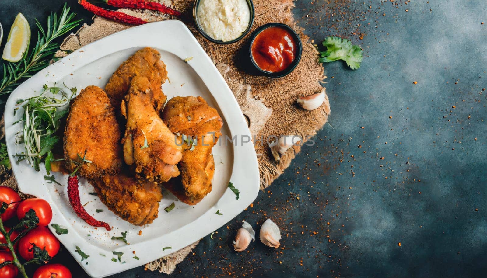 Copy Space image of crunchy Baked Chicken Tenders on a plate with tomato sauce, flat lay, free space