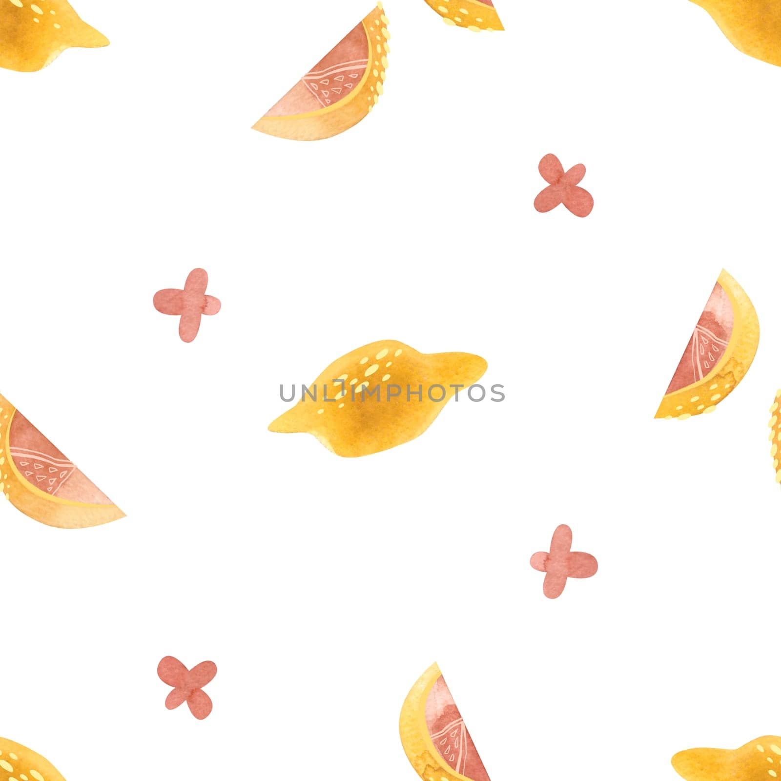 Lemons, lemon slices and pink lemon flowers. Seamless watercolor pattern for fabric, wallpaper, wrapping paper, packaging cosmetics, tablecloths, curtains and home textiles