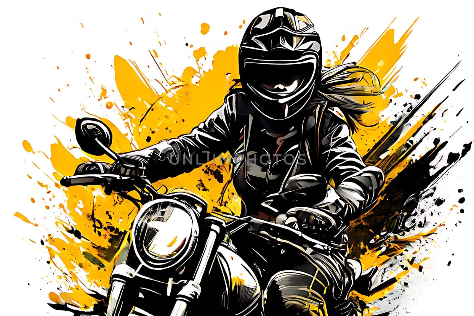 A person wearing protective gear is riding a motorcycle on a vibrant yellow and black background. The individual is focused and in control, navigating the open road confidently.