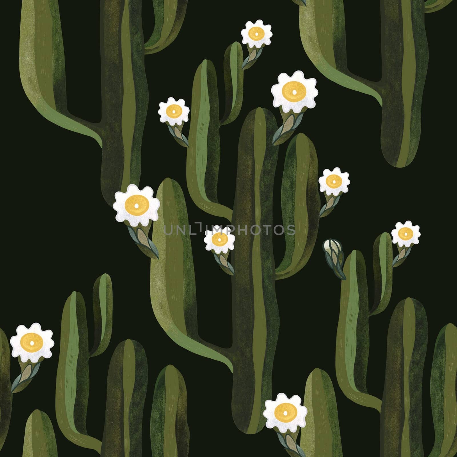 Blooming saguaro cactus. Seamless watercolor pattern for wrapping paper, wallpaper and textiles