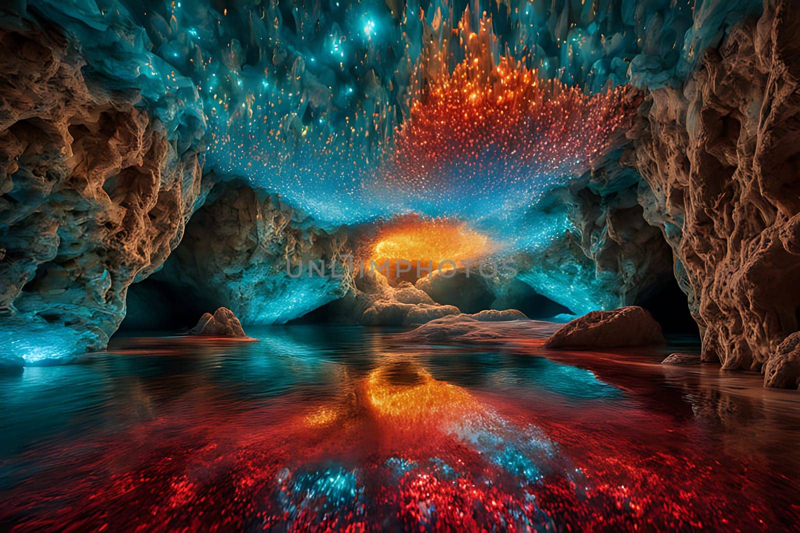 Within the depths of a cave, numerous colorful lights shine brightly, creating a mesmerizing display of hues. The cavern is filled with a dazzling array of vibrant lights that reflect off the rocky surfaces, filling the space with a rainbow of colors.