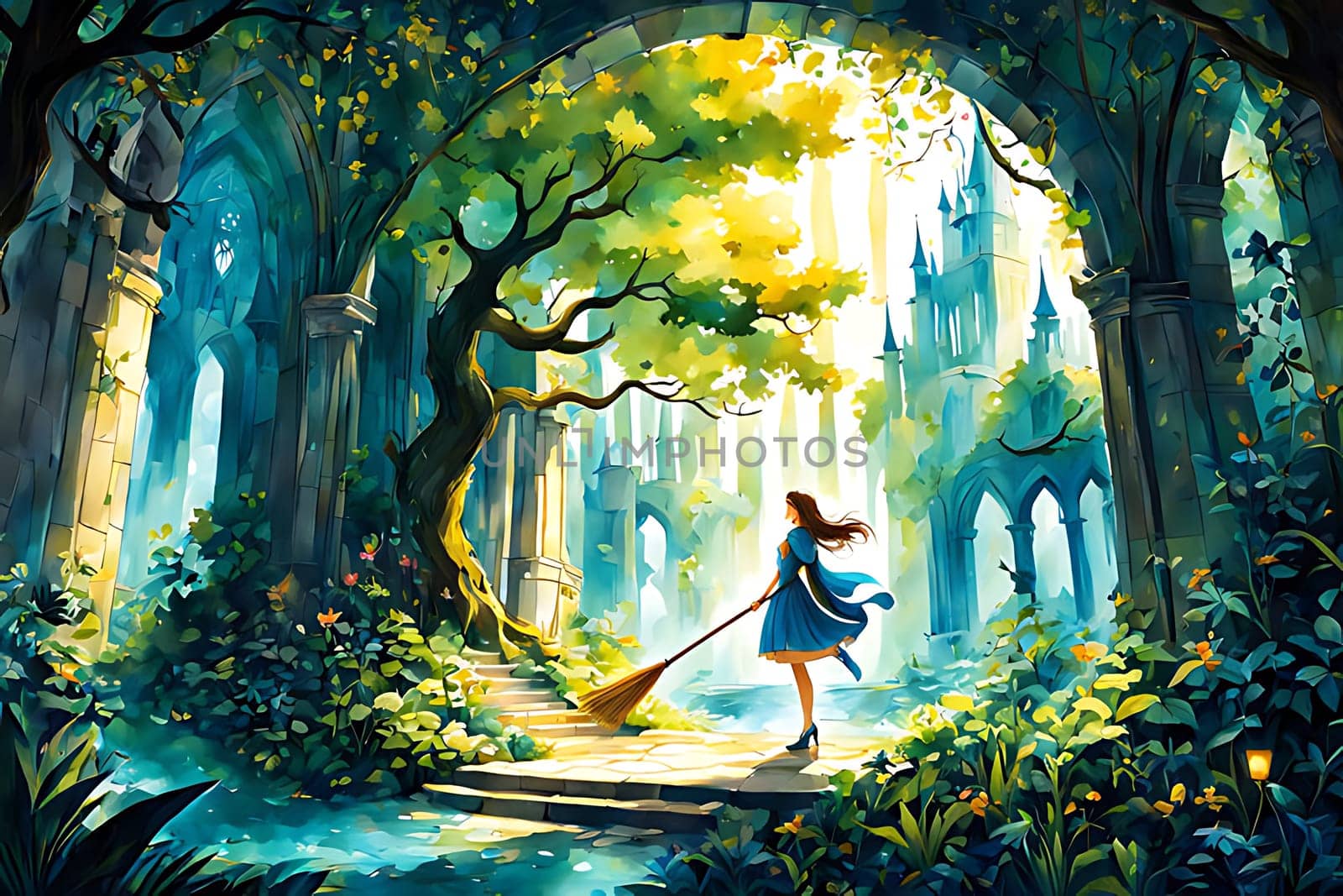 A painting depicting a woman gracefully sweeping through a lush forest, surrounded by towering trees and vibrant green foliage. The womans movement is depicted with flowing lines, conveying a sense of movement and exploration in the natural setting.