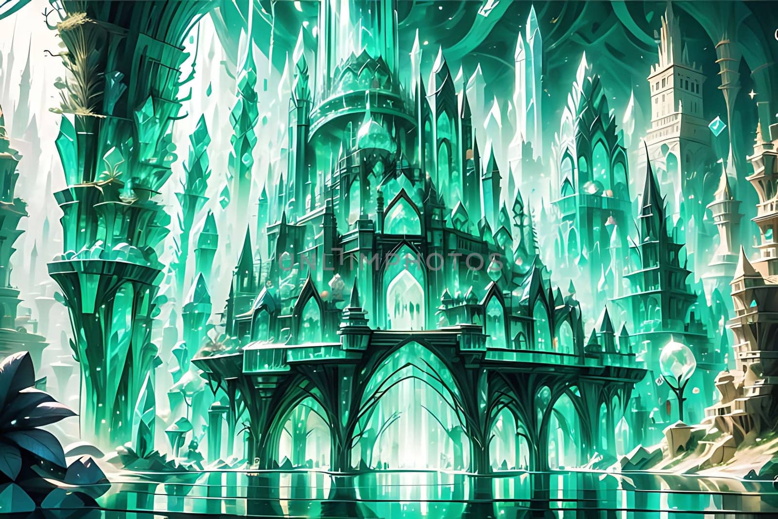 A detailed painting featuring a majestic castle standing tall amidst a dense forest of trees. The castle is the central focus, towering over the lush greenery that surrounds it.