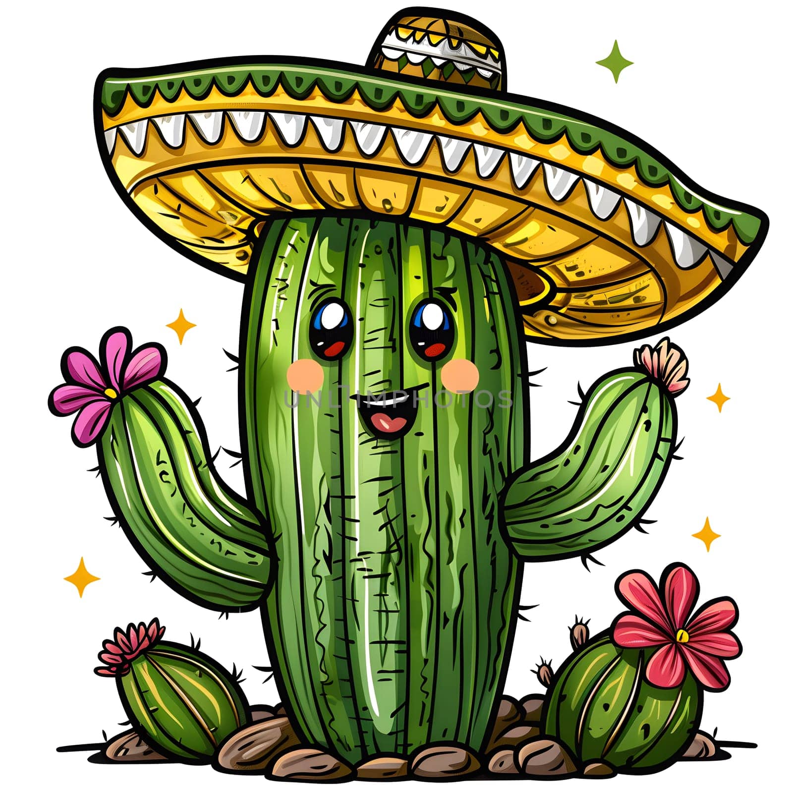 A cartoon cactus adorned with a sombrero and holding a vibrant flower, showcasing the creativity and artistry of botanical illustration