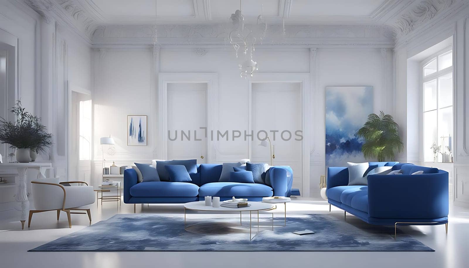 The living room is filled with various furniture pieces arranged on a blue rug. A sofa, armchairs, coffee table, and bookshelves complete the cozy setting.