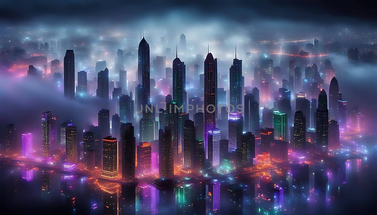 A futuristic cityscape illuminated by neon lights emerges through the thick fog of the night. Skyscrapers, bridges, and highways form a stark contrast against the hazy backdrop, creating an eerie and mysterious atmosphere.