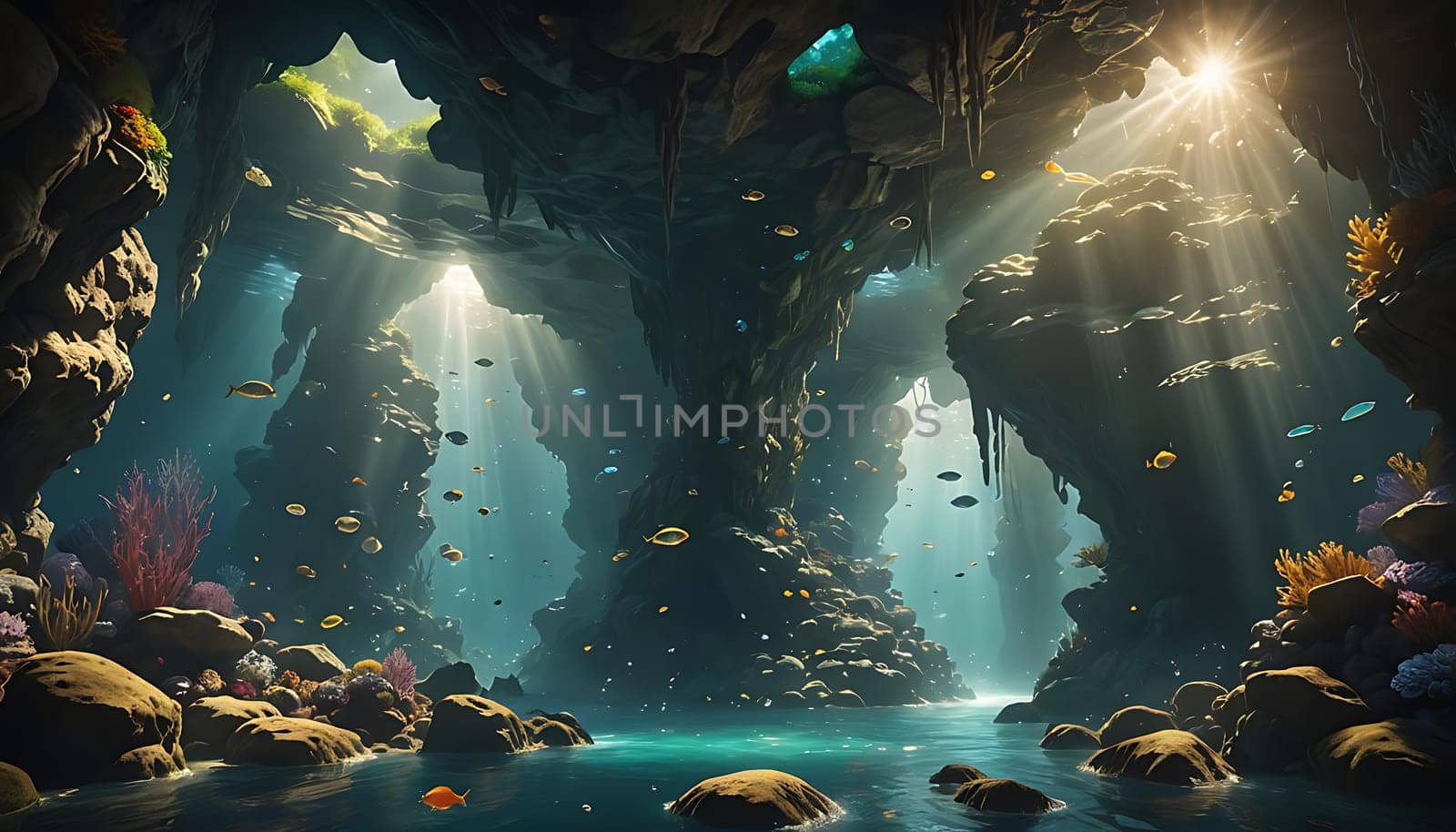 A rocky underwater landscape is visible, showcasing various sizes and shapes of rocks scattered across the aquatic environment. The water flows gently around the rocks, creating a dynamic and textured underwater scene.