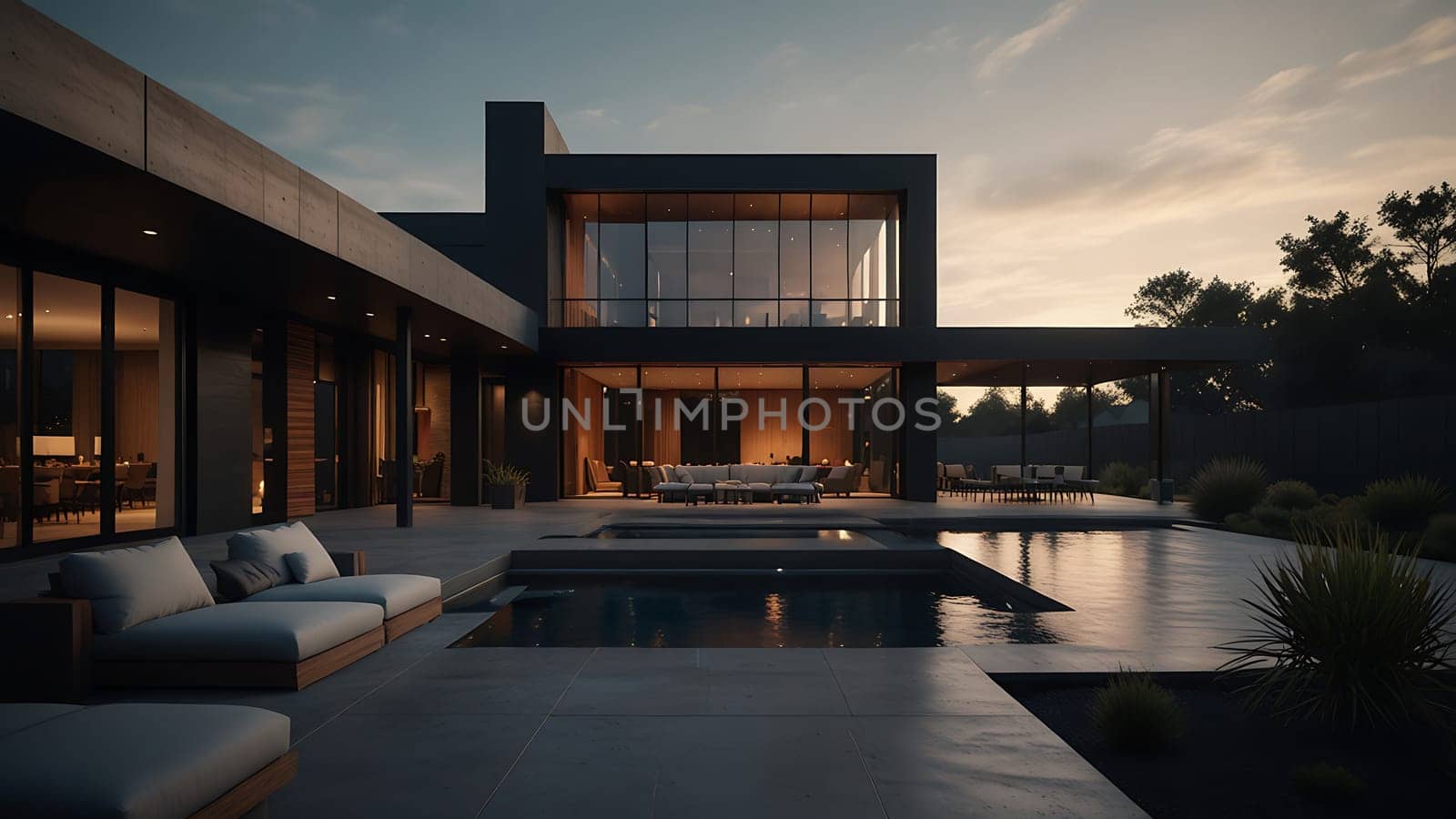 A modern house with a pool is illuminated by the fading light of dusk. The pool reflects the colors of the sky, creating a serene atmosphere. The house features large windows and a sleek design, perfect for enjoying the evening.