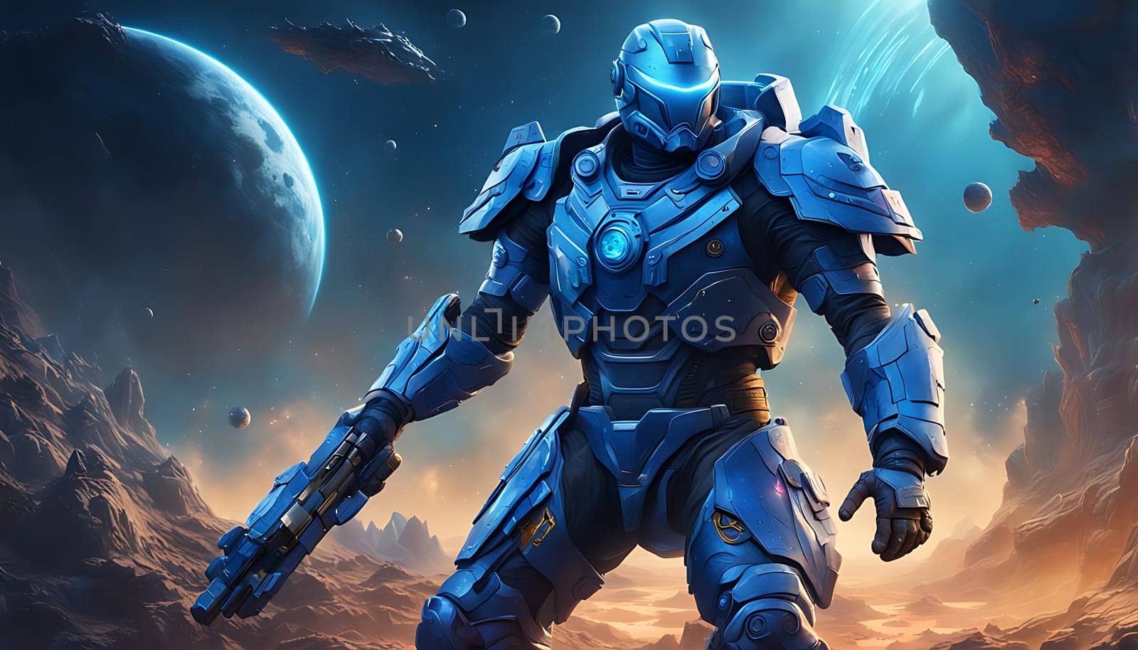 A man clad in a futuristic suit stands confidently in front of a massive planet, showcasing advanced technology and space exploration. The mans suit is sleek and high-tech, contrasting with the vast celestial body behind him.