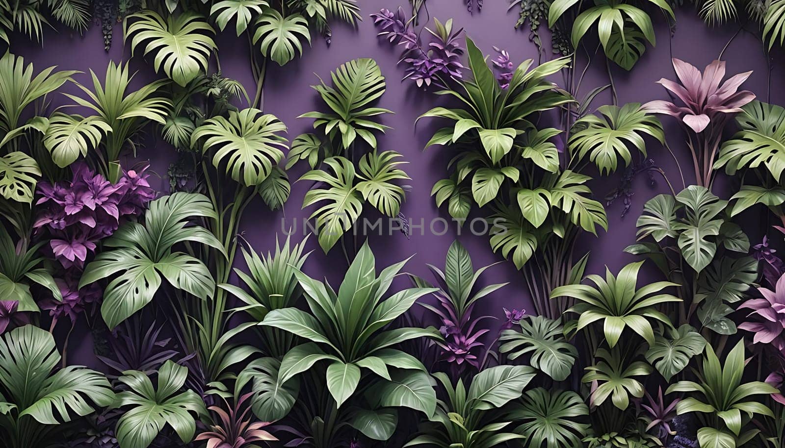 A purple wall serves as a vibrant backdrop to a multitude of lush green plants, creating an eye-catching display of nature indoors. The greenery thrives against the deep purple hue, adding a refreshing touch of color and life to the space.